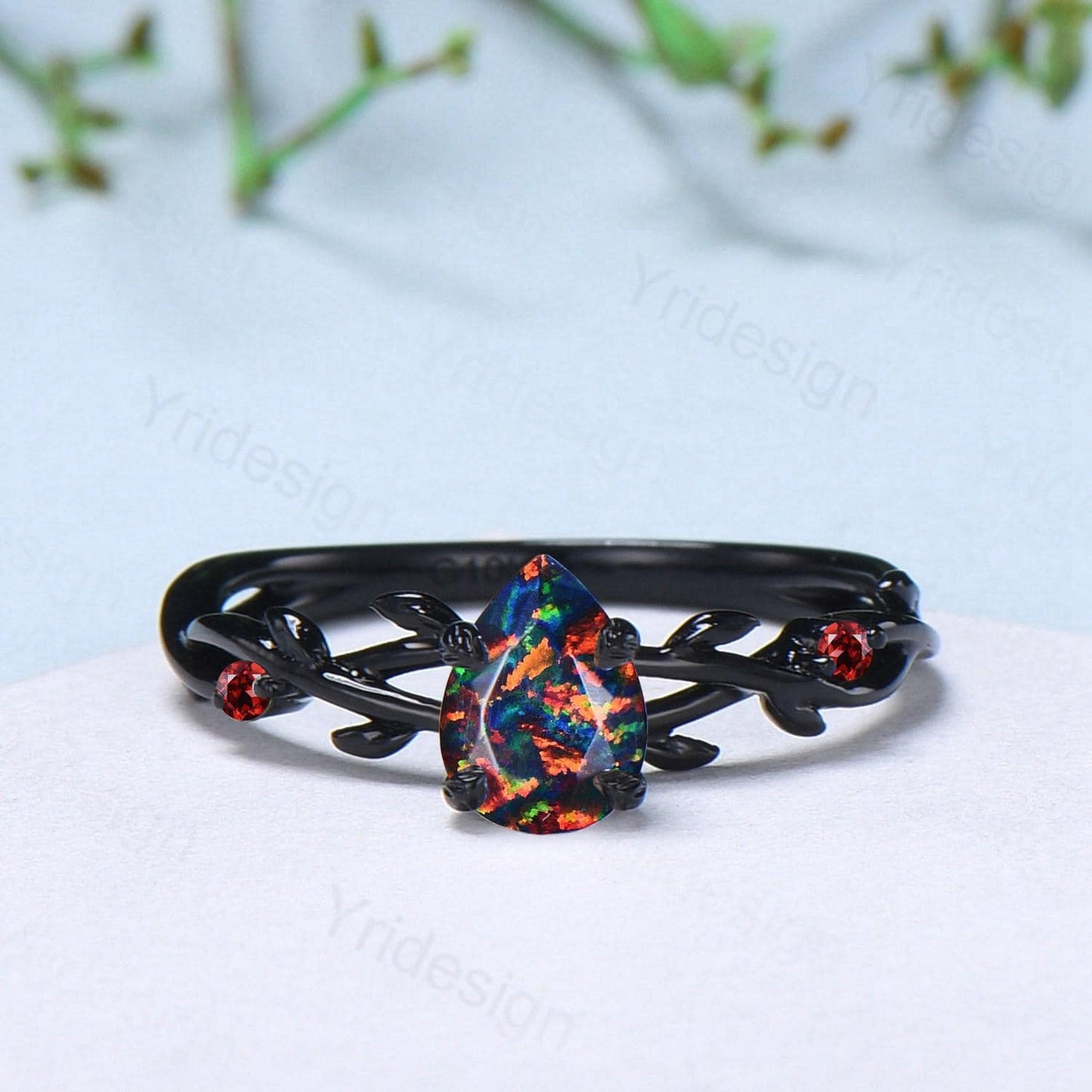 Black Gold Fire Opal Promise Ring Leaf Branch Black Opal Gothic Engagement Ring Nature Inspired Garnet Wedding Ring Twig Anniversary Gifts