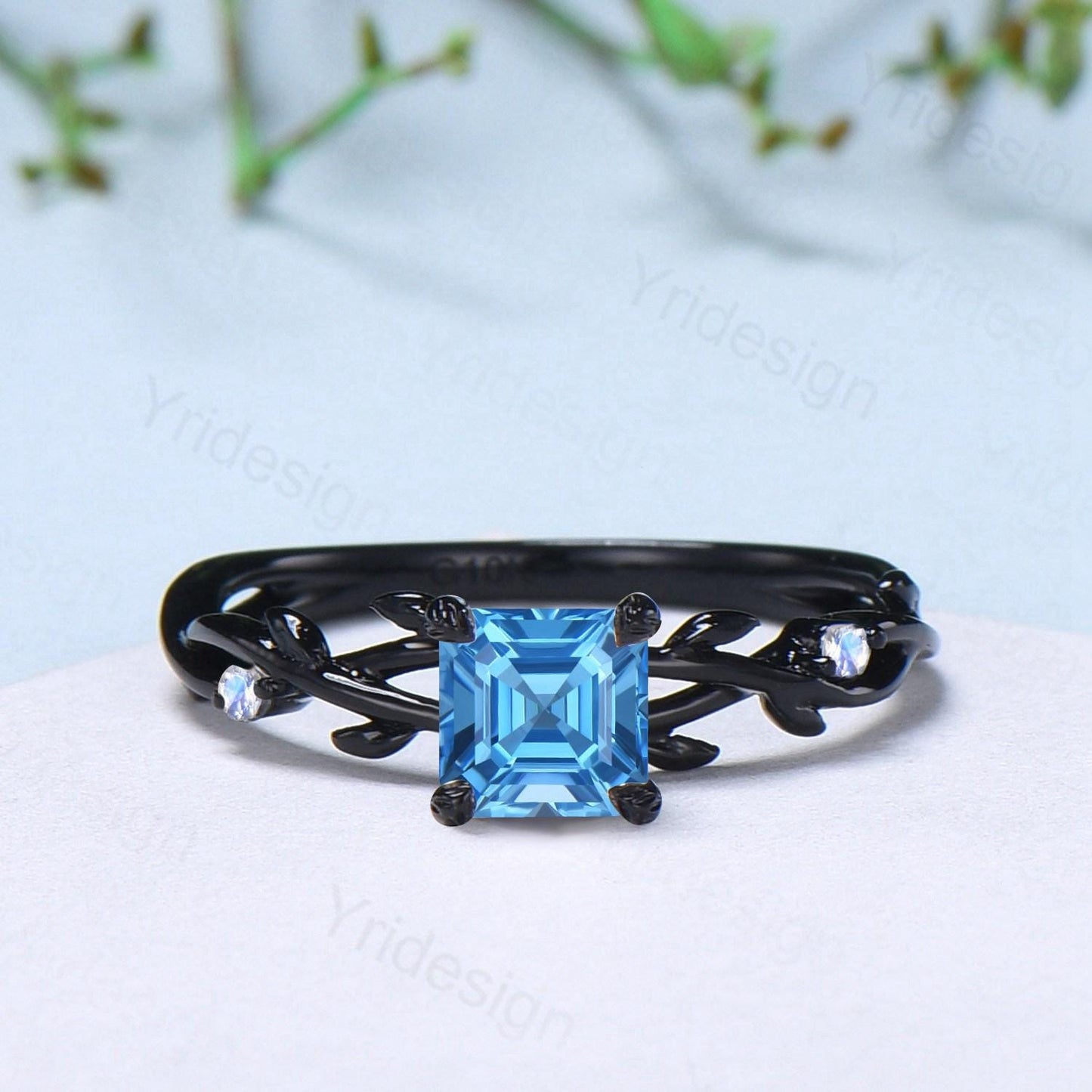 Elegant Asscher Swiss Topaz Ring Unique Black Gold Cluster Moonstone Gothic Engagement Ring Leaf Vine Wedding Ring Anniversary Proposal Gift