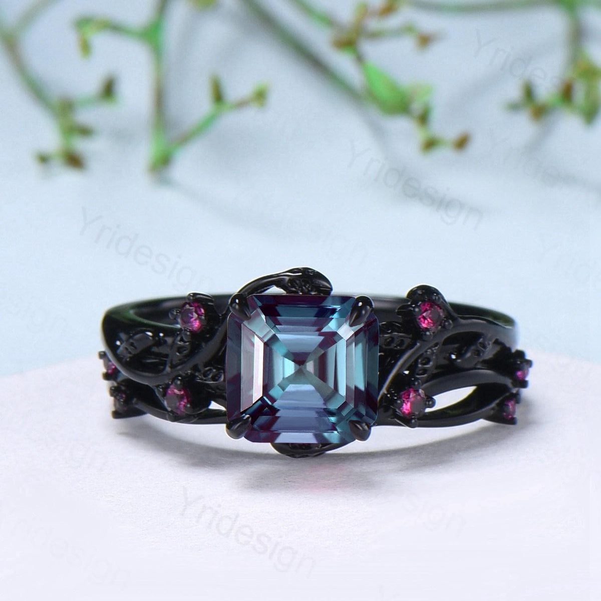 Unique gothic Asscher cut alexandrite engagement ring set black gold natural inspired alexandrite ruby wedding ring set leaf vine bridal set
