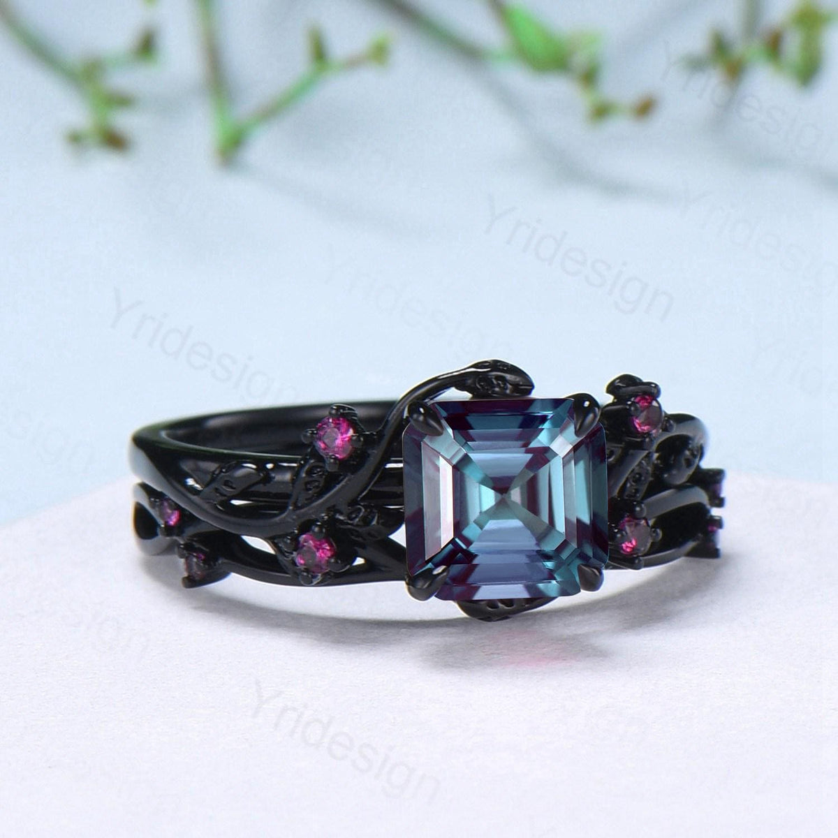 Unique gothic Asscher cut alexandrite engagement ring set black gold natural inspired alexandrite ruby wedding ring set leaf vine bridal set