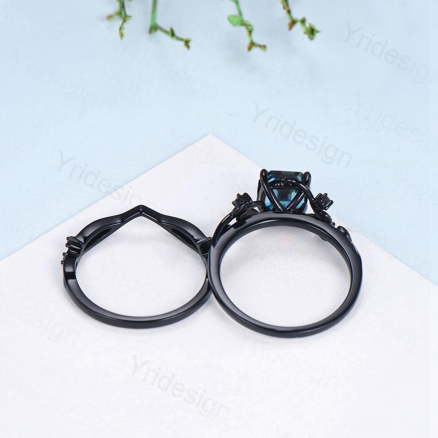 Unique gothic Asscher cut alexandrite engagement ring set black gold natural inspired alexandrite ruby wedding ring set leaf vine bridal set
