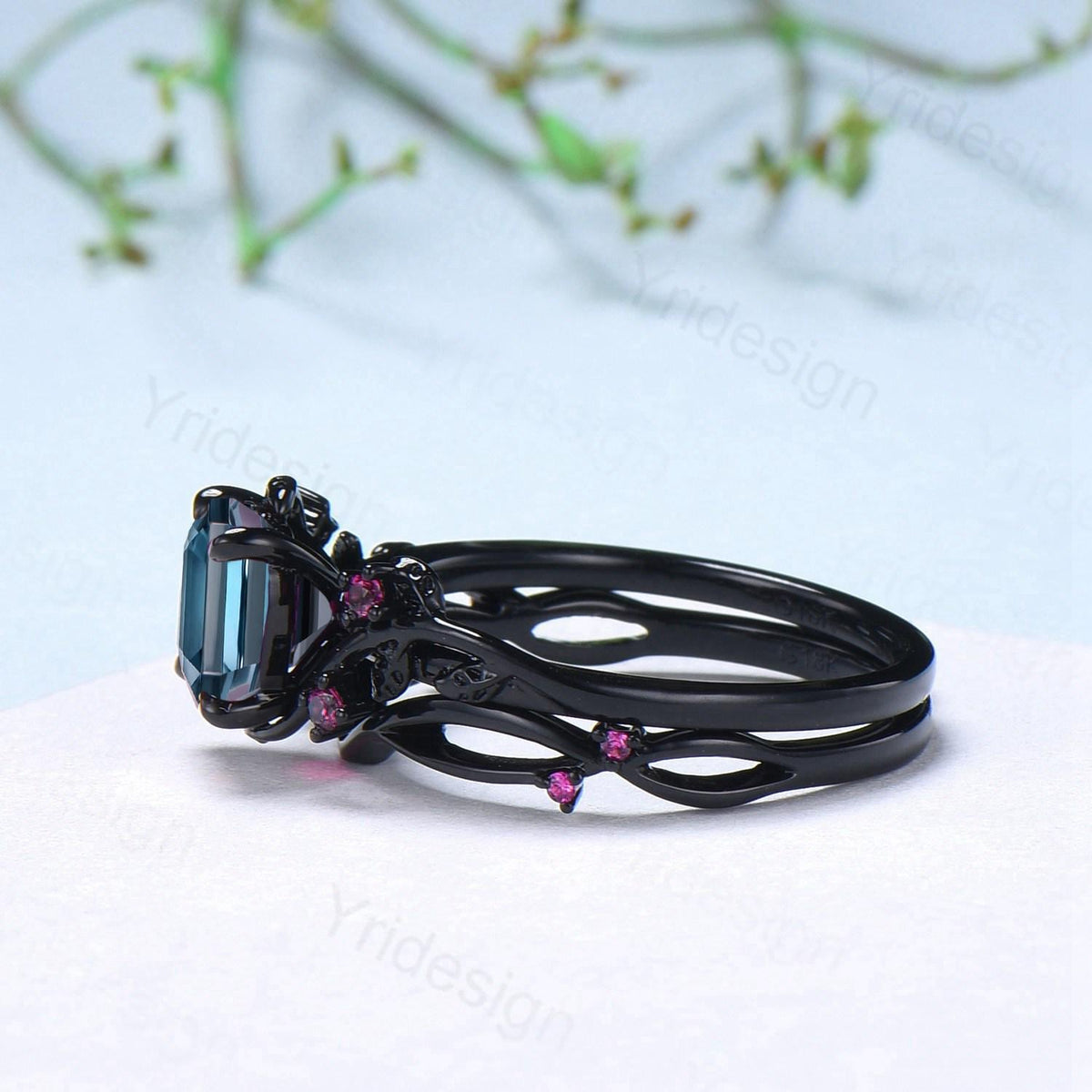 Unique gothic Asscher cut alexandrite engagement ring set black gold natural inspired alexandrite ruby wedding ring set leaf vine bridal set