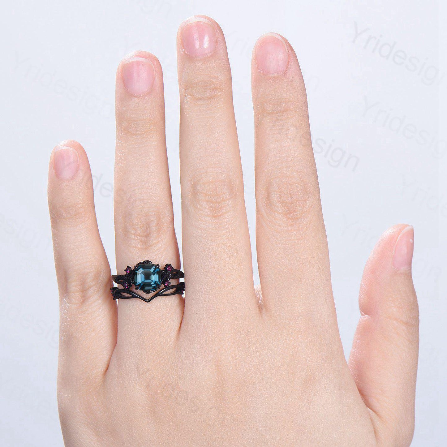Unique gothic Asscher cut alexandrite engagement ring set black gold natural inspired alexandrite ruby wedding ring set leaf vine bridal set