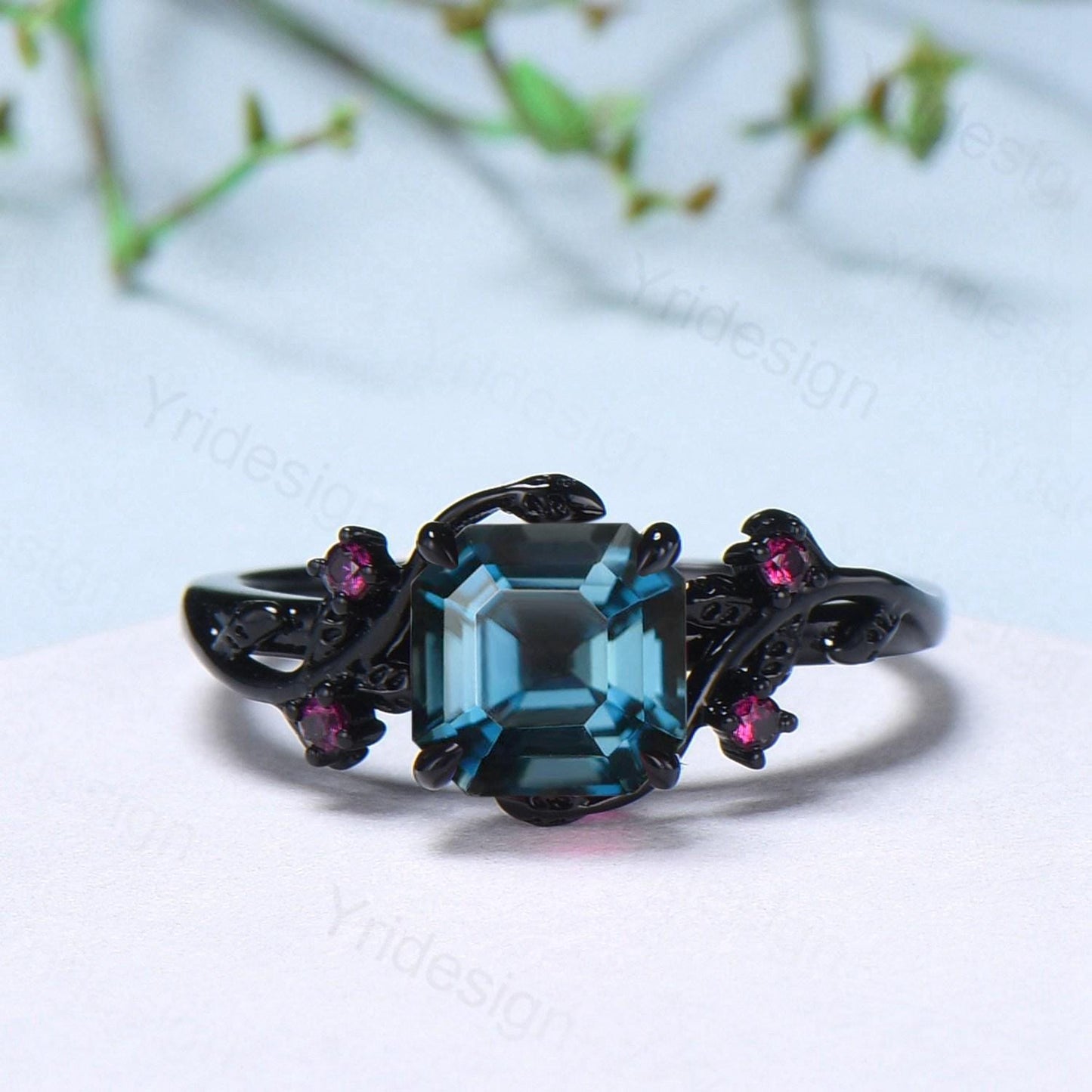 Unique gothic Asscher cut alexandrite engagement ring set black gold natural inspired alexandrite ruby wedding ring set leaf vine bridal set