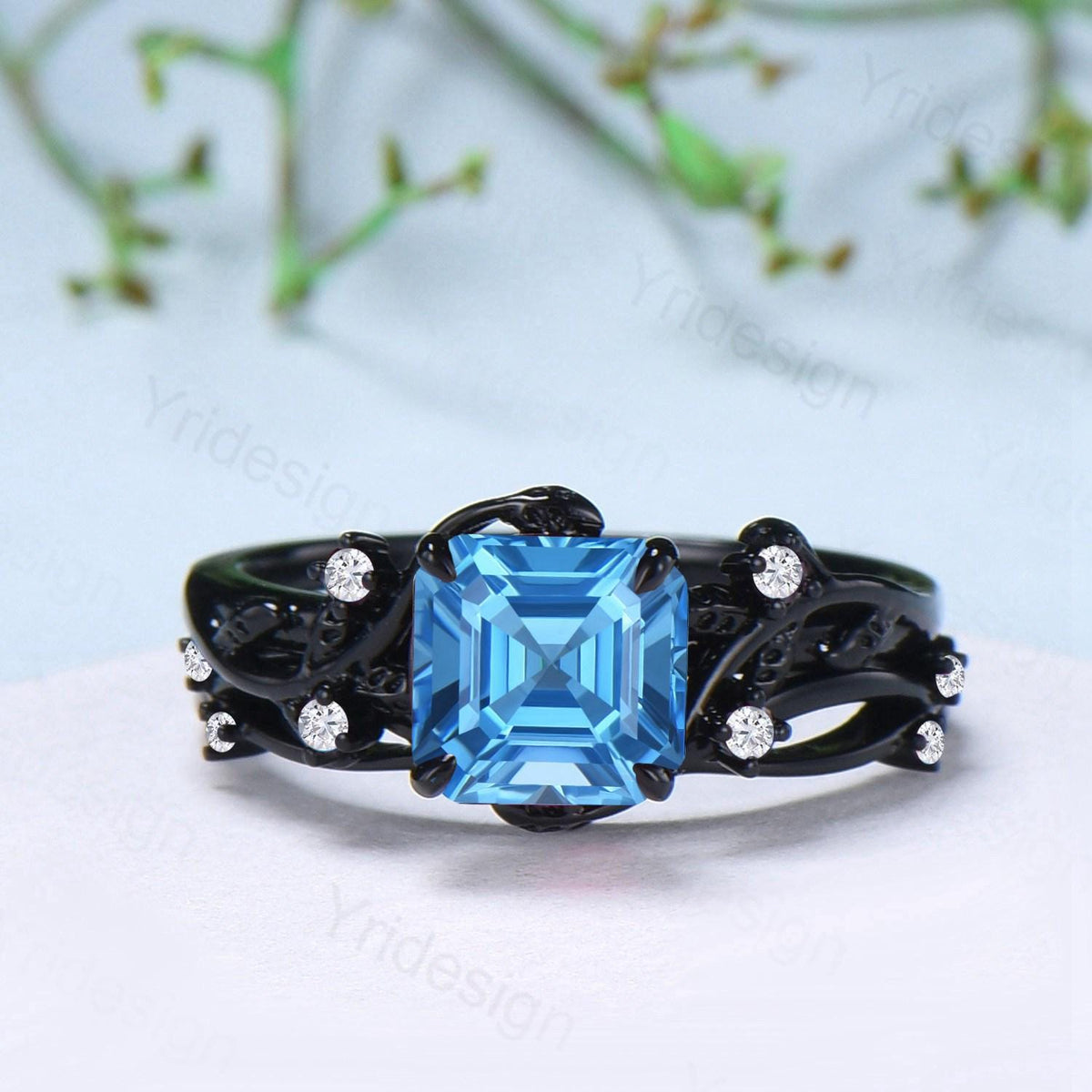 Unique gothic asscher cut swiss blue topaz wedding ring set black gold natural inspired engagement ring topaz diamond anniversary bridal set