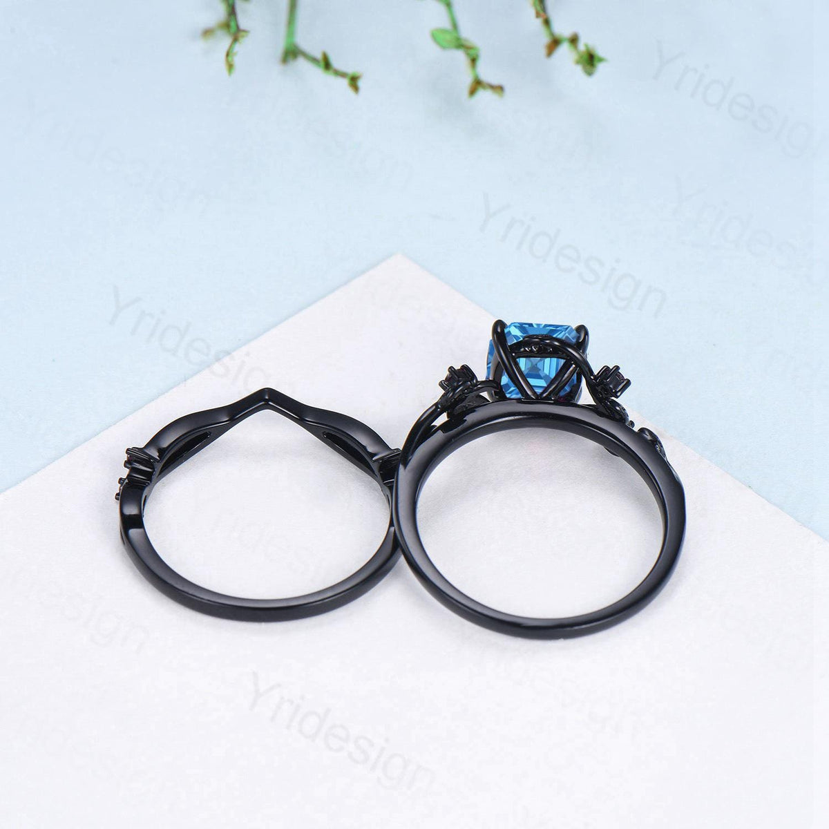 Unique gothic asscher cut swiss blue topaz wedding ring set black gold natural inspired engagement ring topaz diamond anniversary bridal set