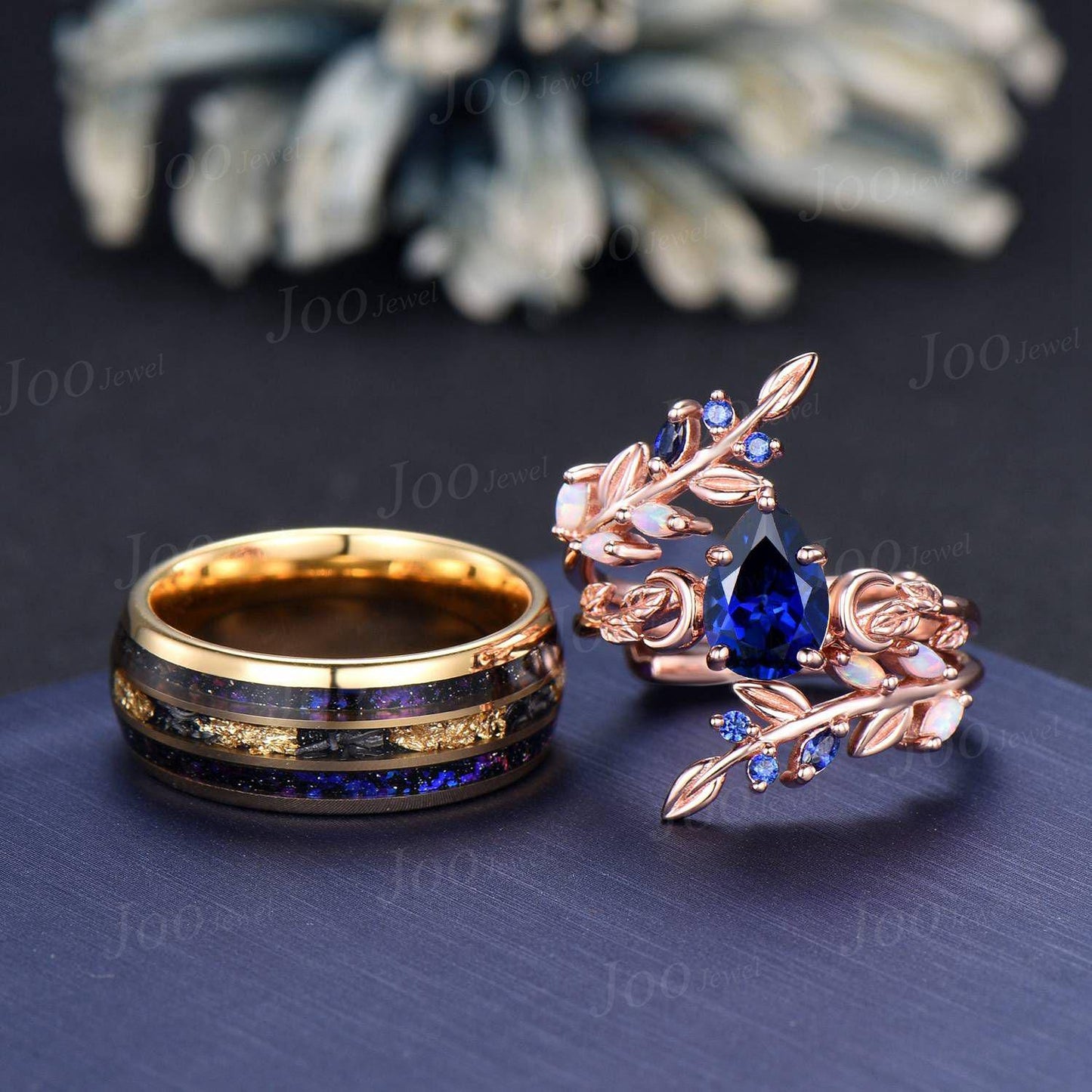 Blue Sapphire Opal Couple Leaf Wedding Ring Set | Pear Bridal Ring |Enhancer Leaf Band | Tungsten Promise Ring for Him| Valentine's Day Gift
