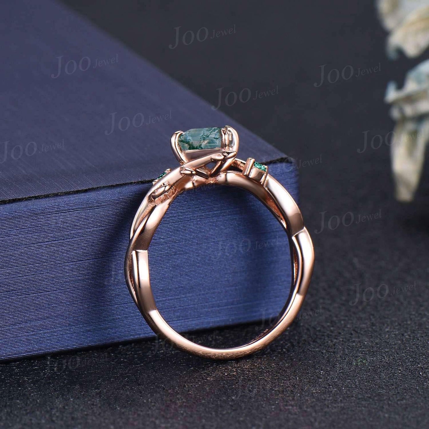 1ct Kite Natural Moss Agate Ring | Infinity Leaf Emerald Ring | Twisted Vine Moss Agate Engagement Ring for Women | Nature Wedding Jewelry