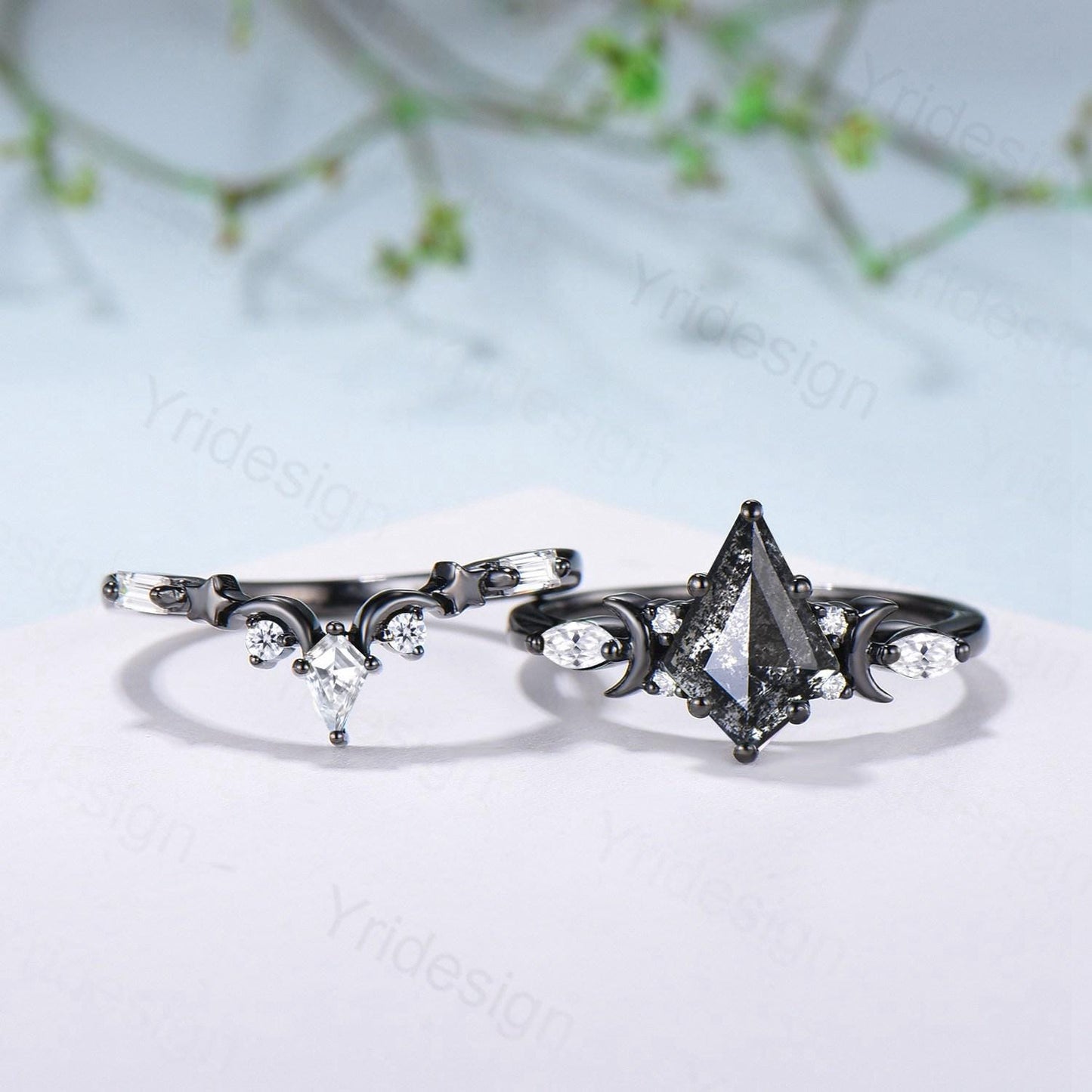 Vintage kite cut salt and pepper diamond engagement ring set Moons and star black gold diamond ring gothic bridal wedding set handmade gifts