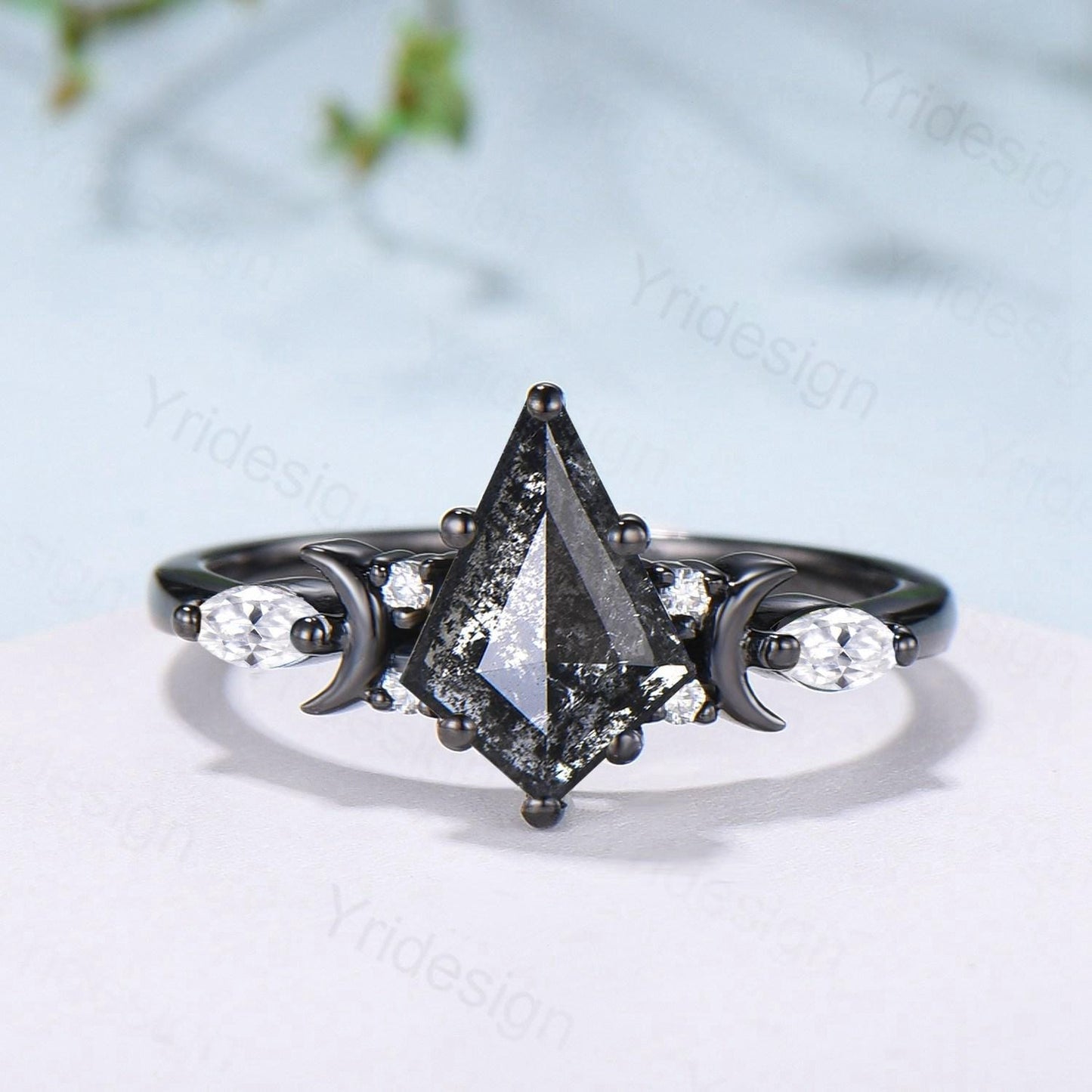 Vintage kite cut salt and pepper diamond engagement ring set Moons and star black gold diamond ring gothic bridal wedding set handmade gifts
