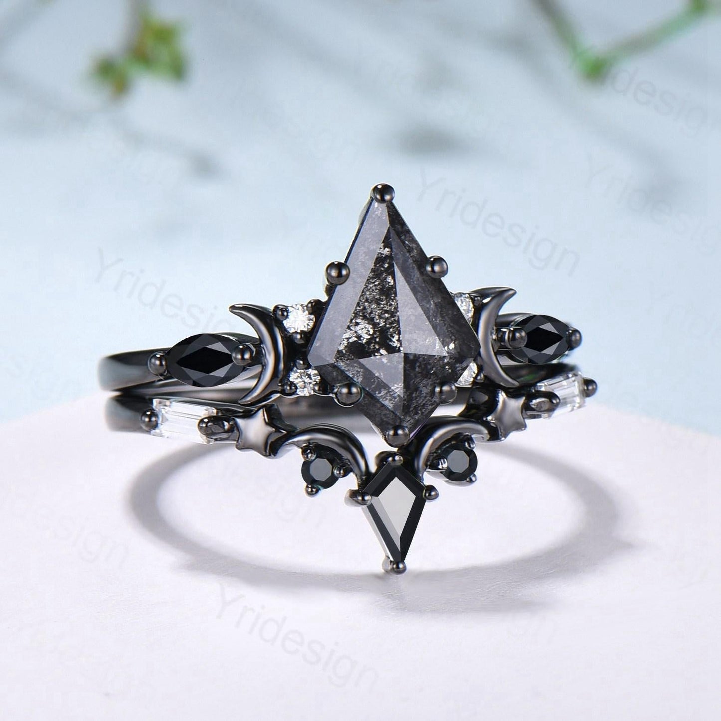 Unique kite cut salt and pepper diamond engagement ring set black gold moon and star bridal wedding set handmade anniversary promise gifts