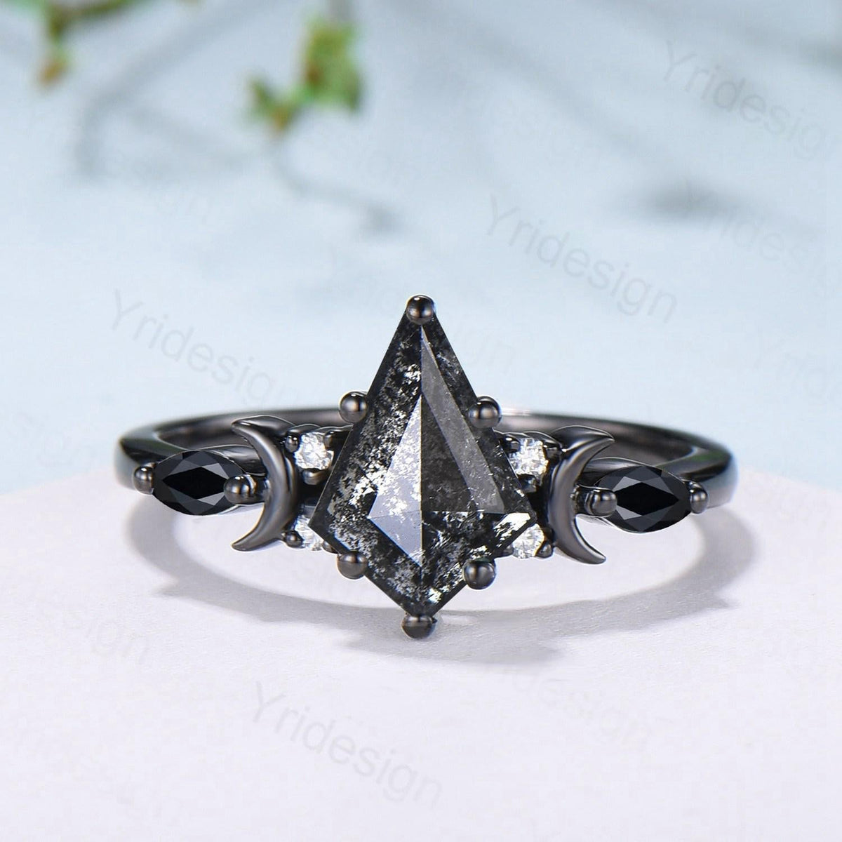 Unique kite cut salt and pepper diamond engagement ring set black gold moon and star bridal wedding set handmade anniversary promise gifts