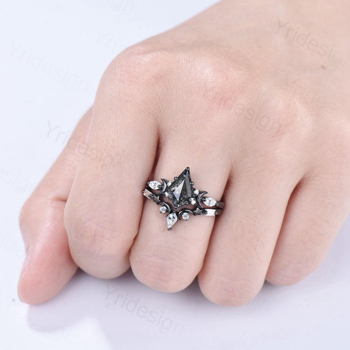 1CT Black gold kite cut alexandrite engagement ring set Crescent moon star bridal wedding set