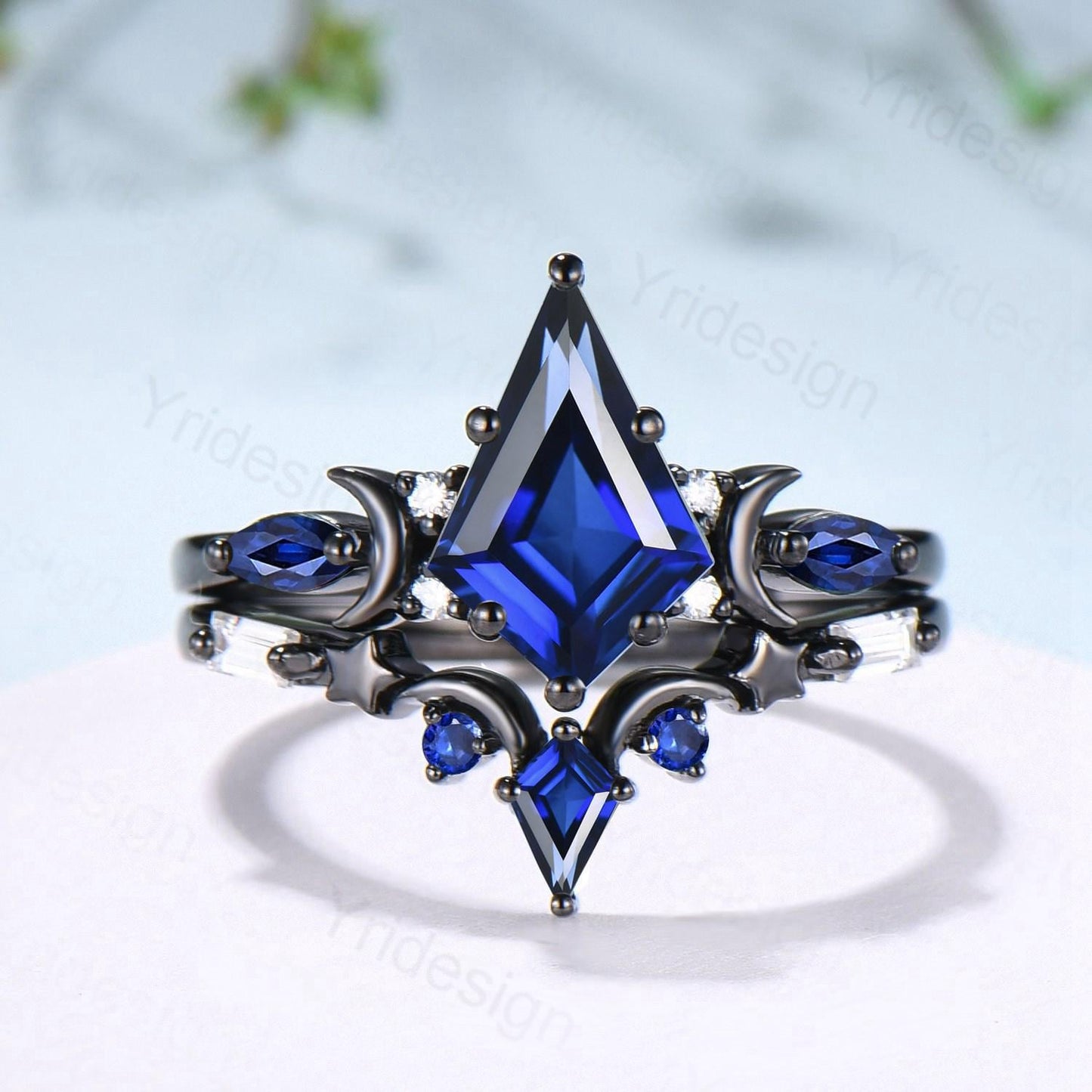 Unique black gold blue sapphire engagement ring set moon star kite cut sapphire wedding ring set elegant gothic anniversary bridal set women