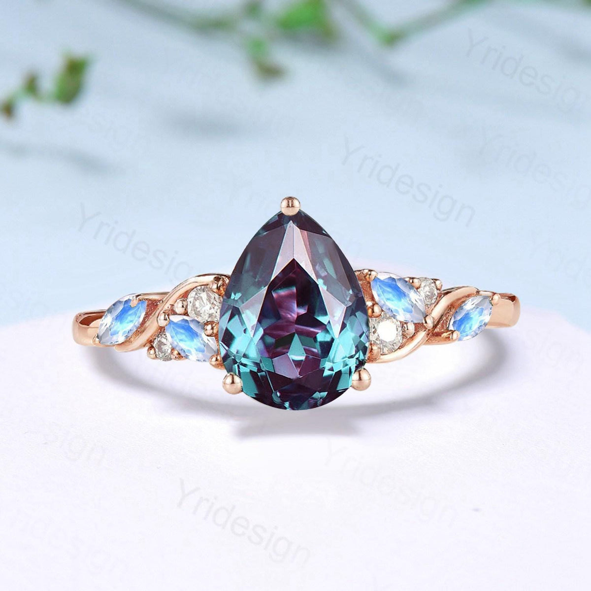 Vintage Pear shaped alexandrite engagement ring cluster marquise moonstone wedding ring June birthstone anniversary jewelry gifts for her