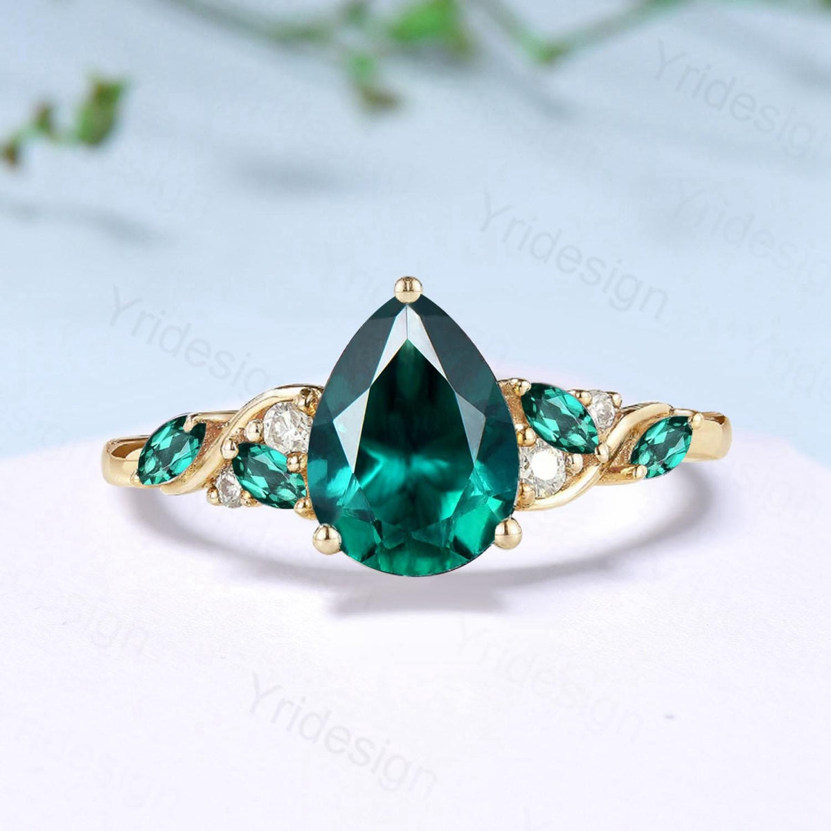 Vintage Pear Shaped Emerald Engagement Ring Art deco Inspired Marriage May Birthstone ring Unique Anniversary Promise Gift For Daughter