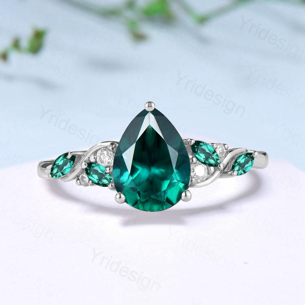 Vintage Pear Shaped Emerald Engagement Ring Art deco Inspired Marriage May Birthstone ring Unique Anniversary Promise Gift For Daughter