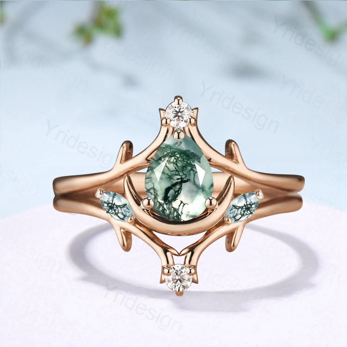 Unique Pear Shaped Natural Moss Agate Engagement Ring Set Crescent Moon inspired Wedding Set Branch Stacking Band Art Deco 2pcs Bridal Set