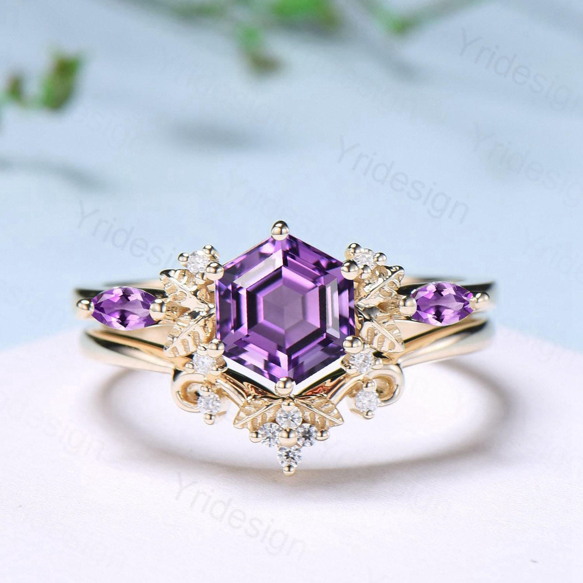 Vintage hexagon cut amethyst engagement ring set 14k yellow gold Nature inspired leaf vine Feb birthstone wedding ring set Anniversary Gifts