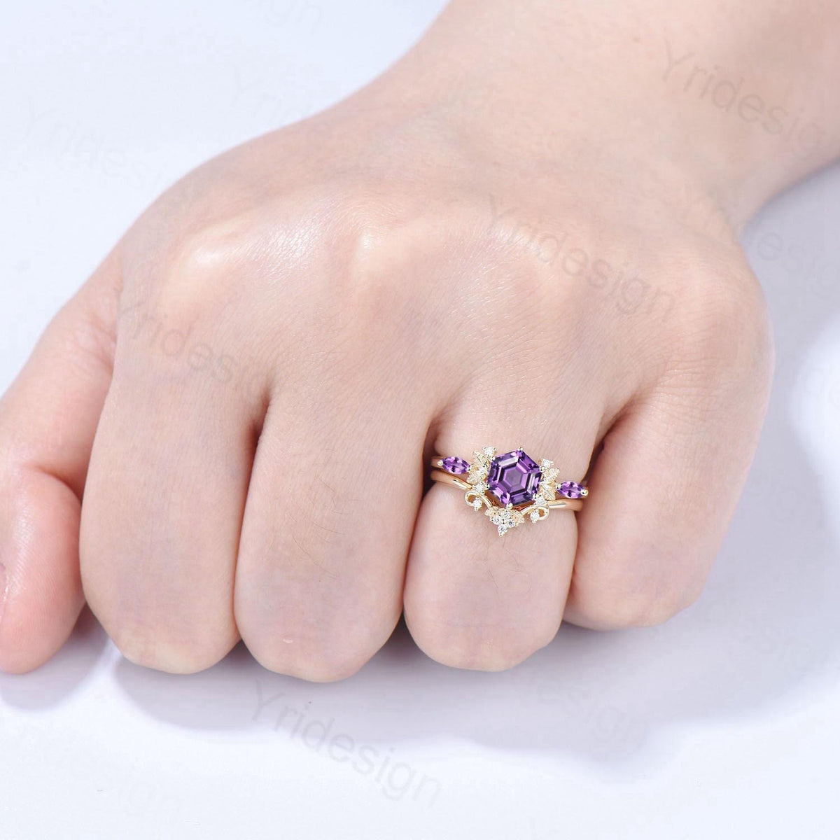 Vintage hexagon cut amethyst engagement ring set 14k yellow gold Nature inspired leaf vine Feb birthstone wedding ring set Anniversary Gifts