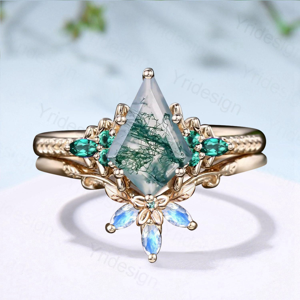 Unique Kite Cut Natural Moss Agate Engagement Ring Set Green Agate Emerald Wedding Set Vintage Marquise Moonstone Stacking Band Bridal Set
