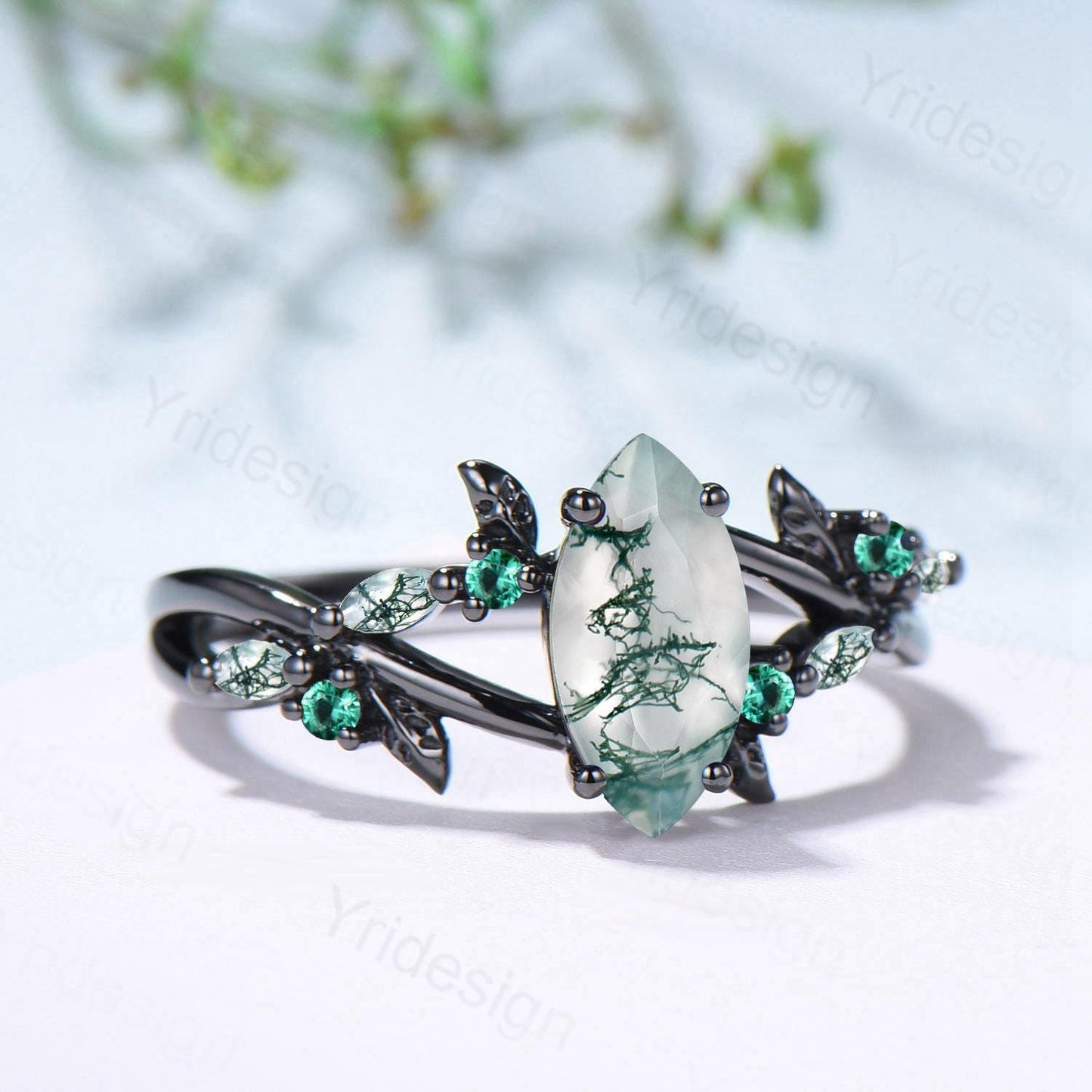 Unique Black Gold Moss Agate Ring Natural Inspired Gothic Marquise Cut Engagement Ring Branch Cluster Emerald Split Shank Wedding Ring Women