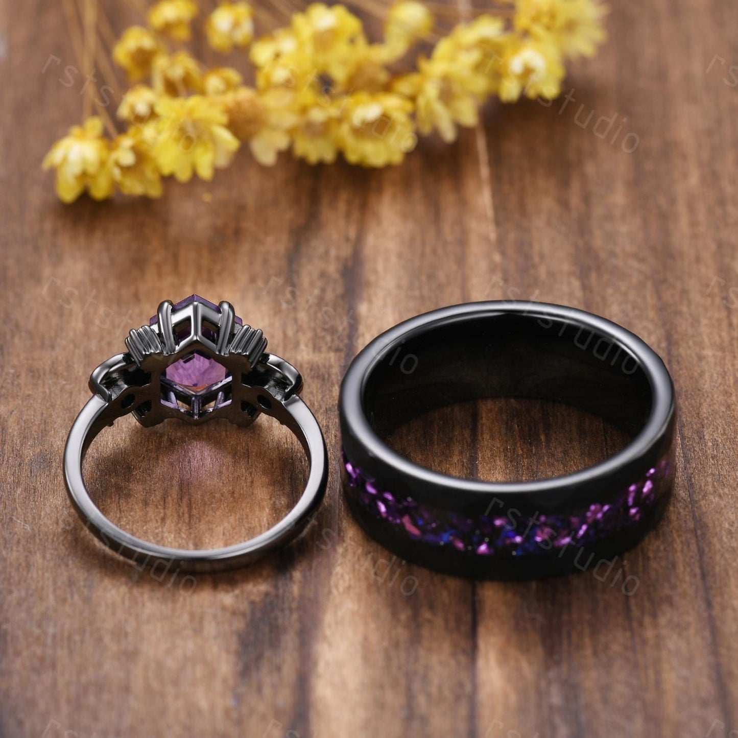 Gothic Hexagon Amethyst Wedding Ring Set: Tungsten & Black Gold Plated