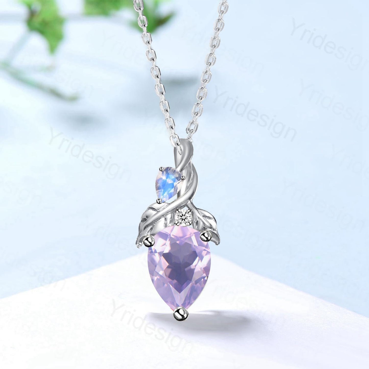 Unique Pear Shaped Lavender Amethyst Pendant Necklace Nature Inspired Leaves Moonstone Necklace Branch Leaf Vine Necklace Anniversary gifts