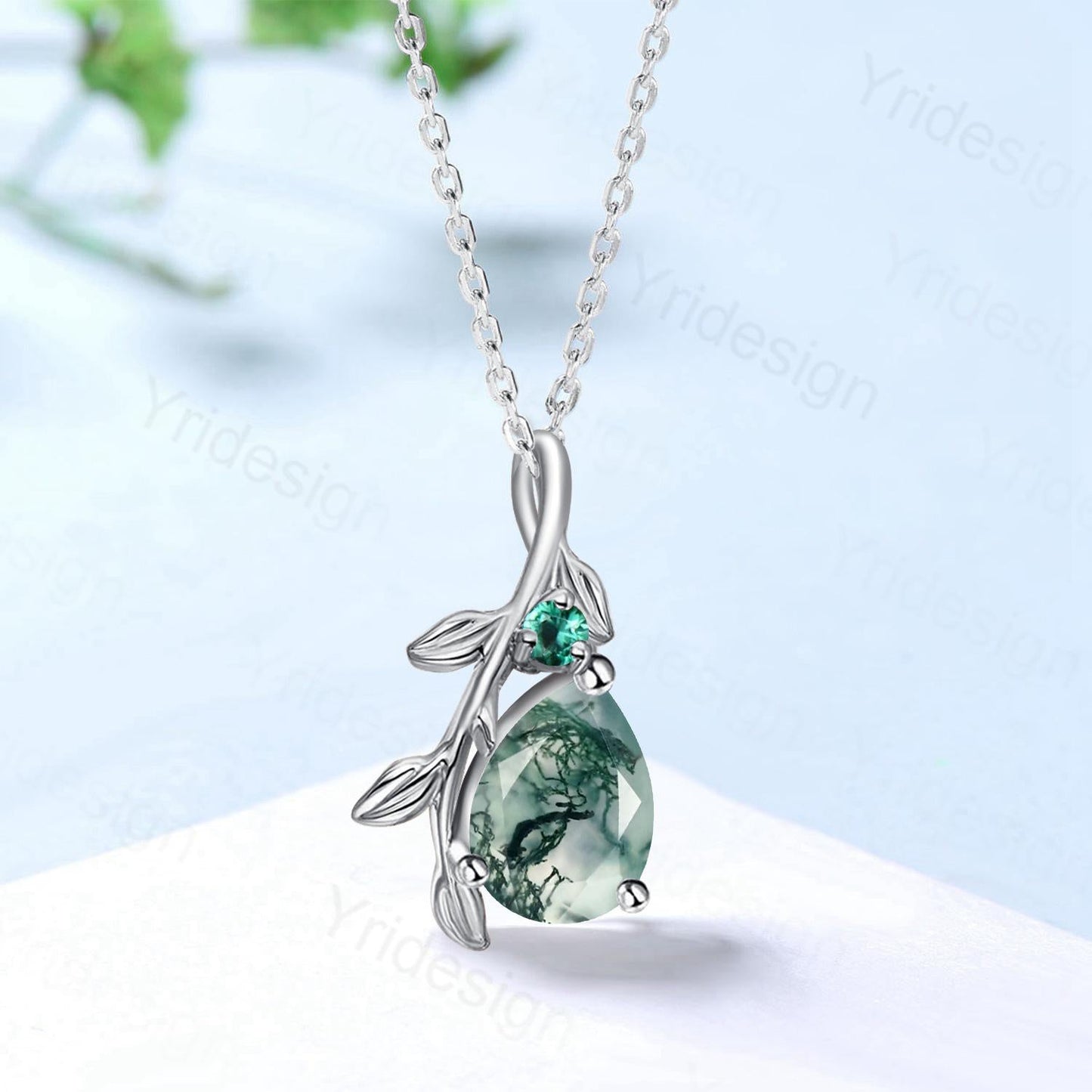 Natural Inspired Pear Shaped Moss Agate Pendant Necklace leaf branch emerald necklace silver rose gold green agate promise anniversary gifts