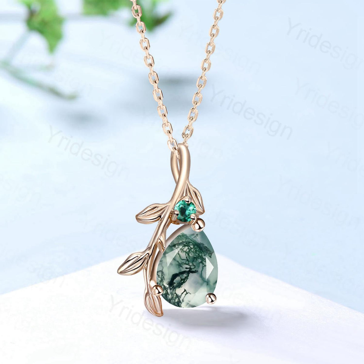 Natural Inspired Pear Shaped Moss Agate Pendant Necklace leaf branch emerald necklace silver rose gold green agate promise anniversary gifts