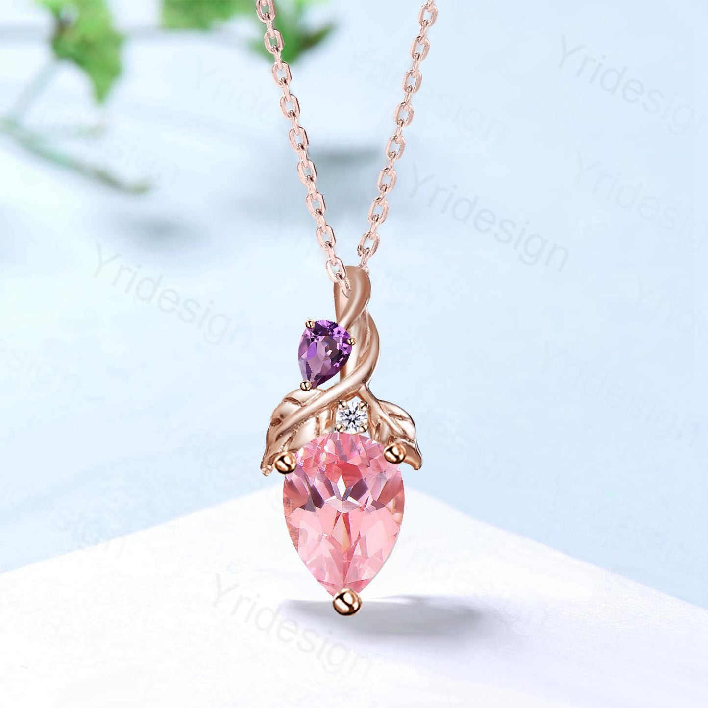 Unique Pear Shaped Padparadscha Sapphire Pendant Necklace Nature Inspired Leaves Necklace Amethyst Leaf Vine Anniversary gift for Daughter
