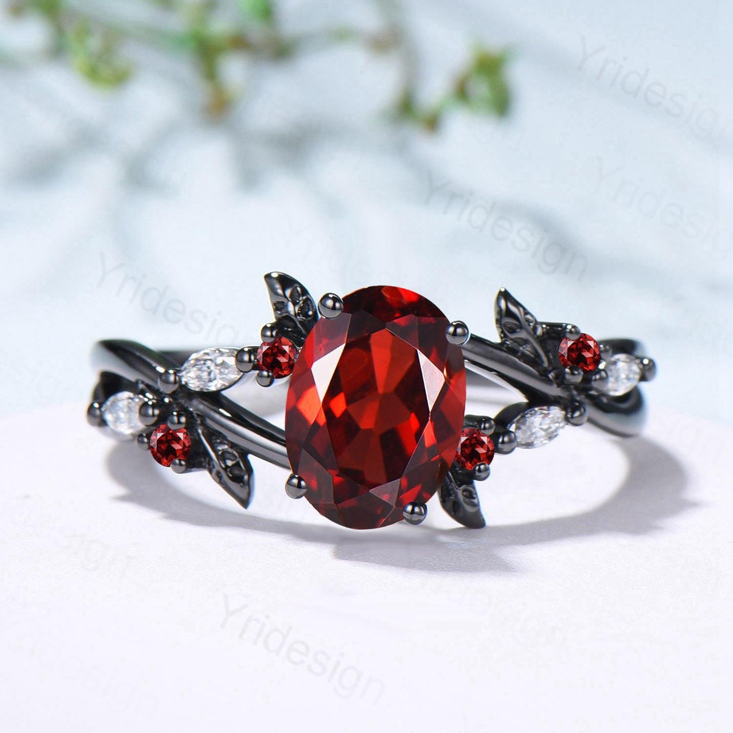 Unique Black Gold Garnet Wedding Ring Natural Inspired Gothic Oval Garnet Engagement Ring Leaves Cluster Moissanite Split Shank Wedding Ring