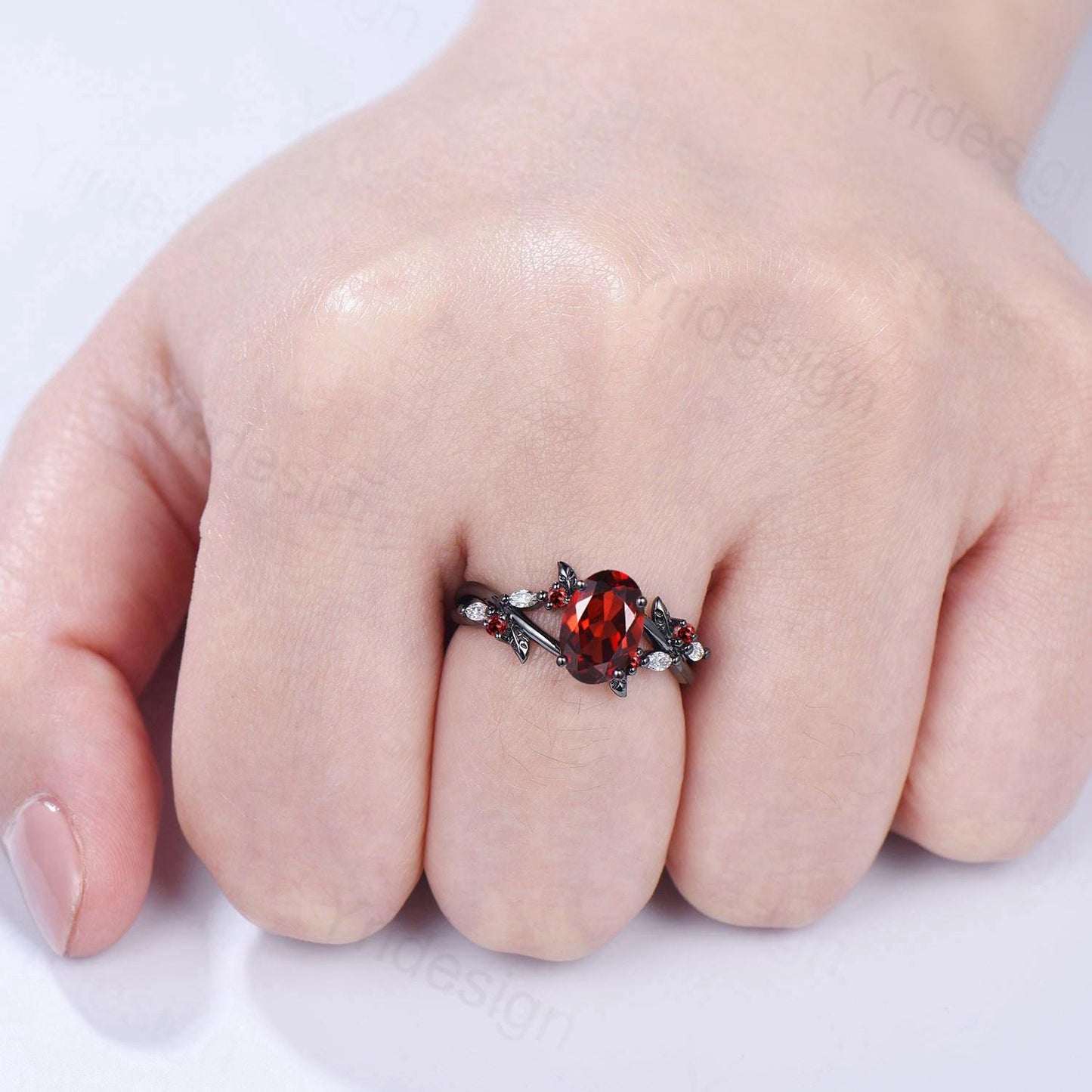 Unique Black Gold Garnet Wedding Ring Natural Inspired Gothic Oval Garnet Engagement Ring Leaves Cluster Moissanite Split Shank Wedding Ring