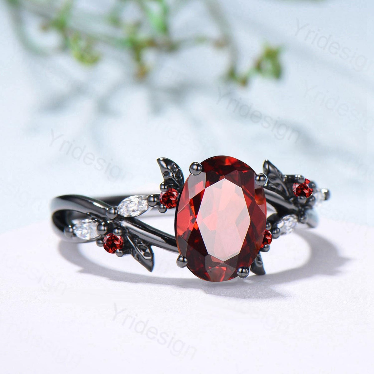 Unique Black Gold Garnet Wedding Ring Natural Inspired Gothic Oval Garnet Engagement Ring Leaves Cluster Moissanite Split Shank Wedding Ring
