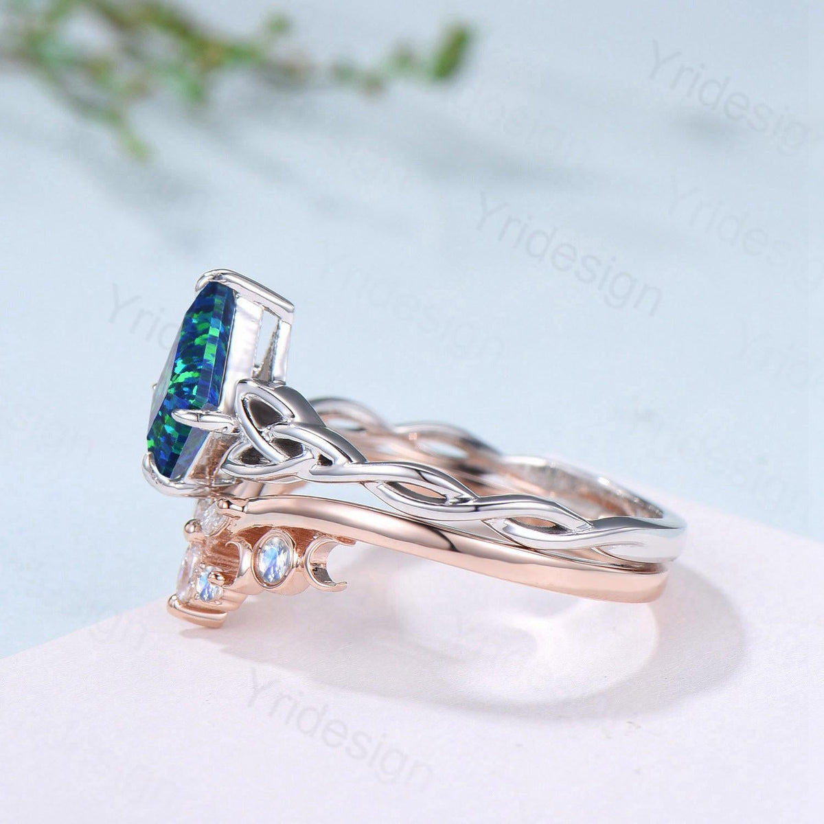 Norse Viking Kite Blue Opal Engagement Ring Set Unique Celtic Love Knot October Birthstone Promise Ring Butterfly Moonstone Stacking Band