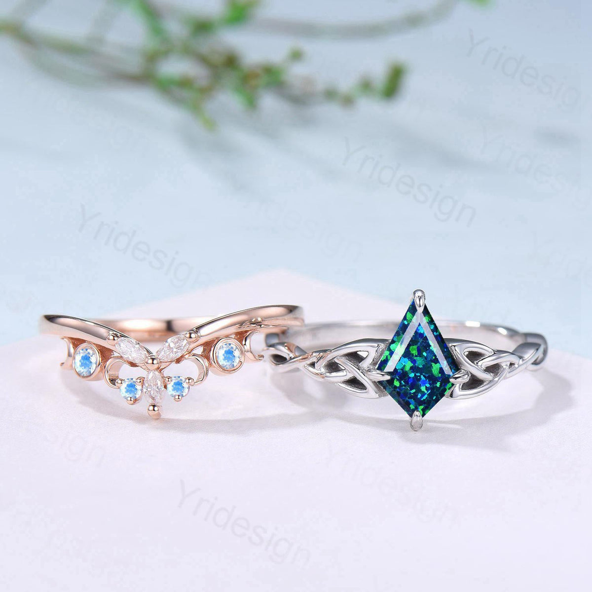 Norse Viking Kite Blue Opal Engagement Ring Set Unique Celtic Love Knot October Birthstone Promise Ring Butterfly Moonstone Stacking Band