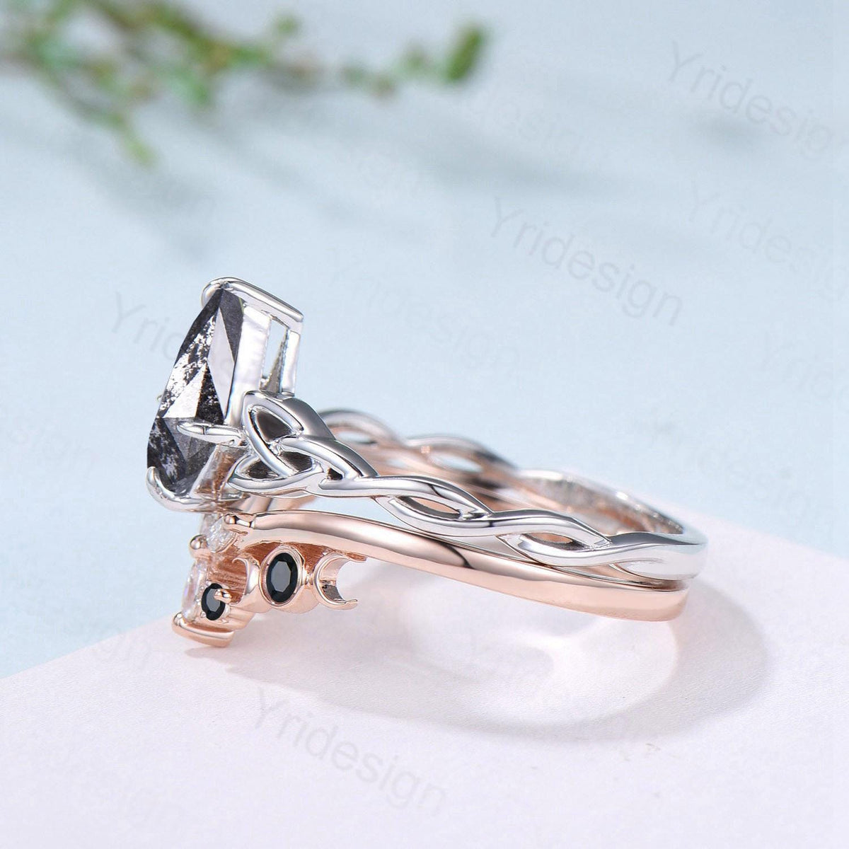 Norse Viking Kite cut salt pepper diamond engagement ring celtic knot pepper diamond bridal set unique black spinel staking band wedding set