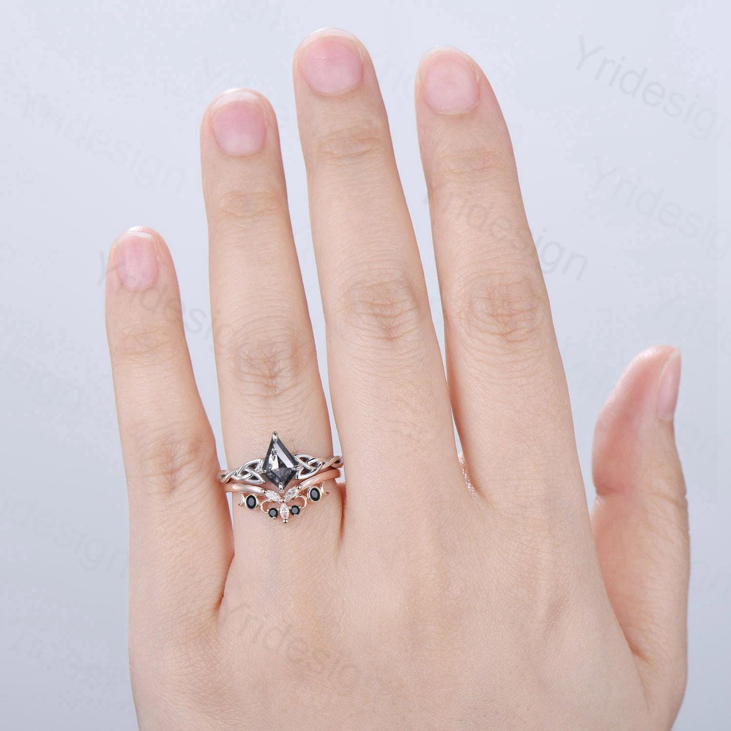 Norse Viking Kite cut salt pepper diamond engagement ring celtic knot pepper diamond bridal set unique black spinel staking band wedding set