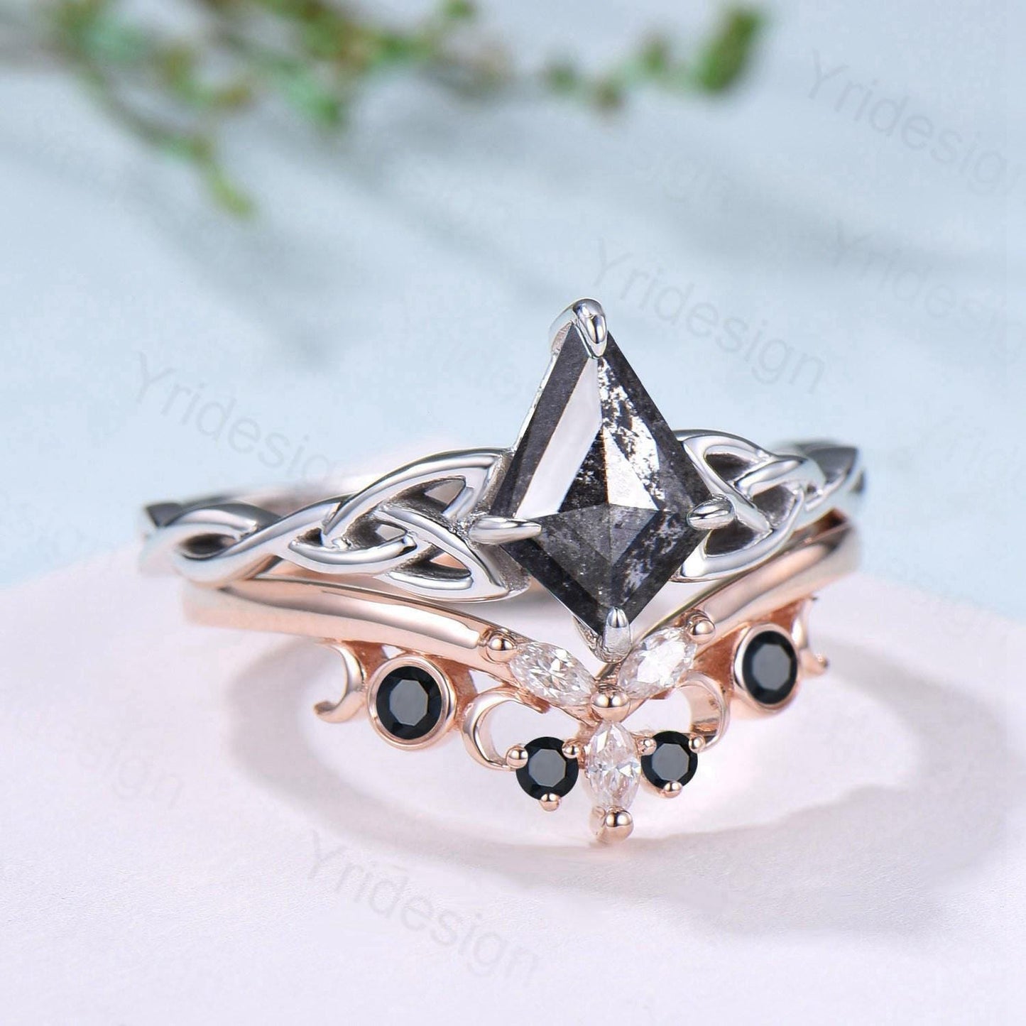 Norse Viking Kite cut salt pepper diamond engagement ring celtic knot pepper diamond bridal set unique black spinel staking band wedding set