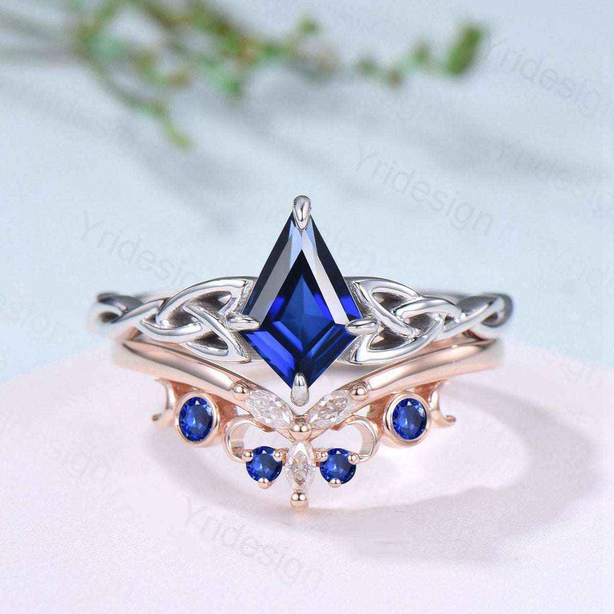 Norse Viking Kite Cut Blue Sapphire Engagement Ring Set Unique Celtic Love Knot Sep Birthstone Butterfly Wedding Band Twist Bridal Set Women