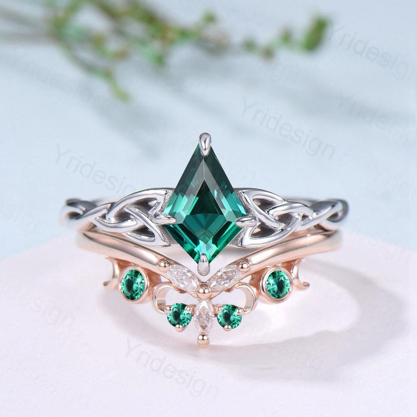 Norse Viking Kite Cut Emerald Engagement Ring Set Unique Celtic Love Knot May Birthstone Butterfly Wedding Ring Set Vintage Twist Bridal Set