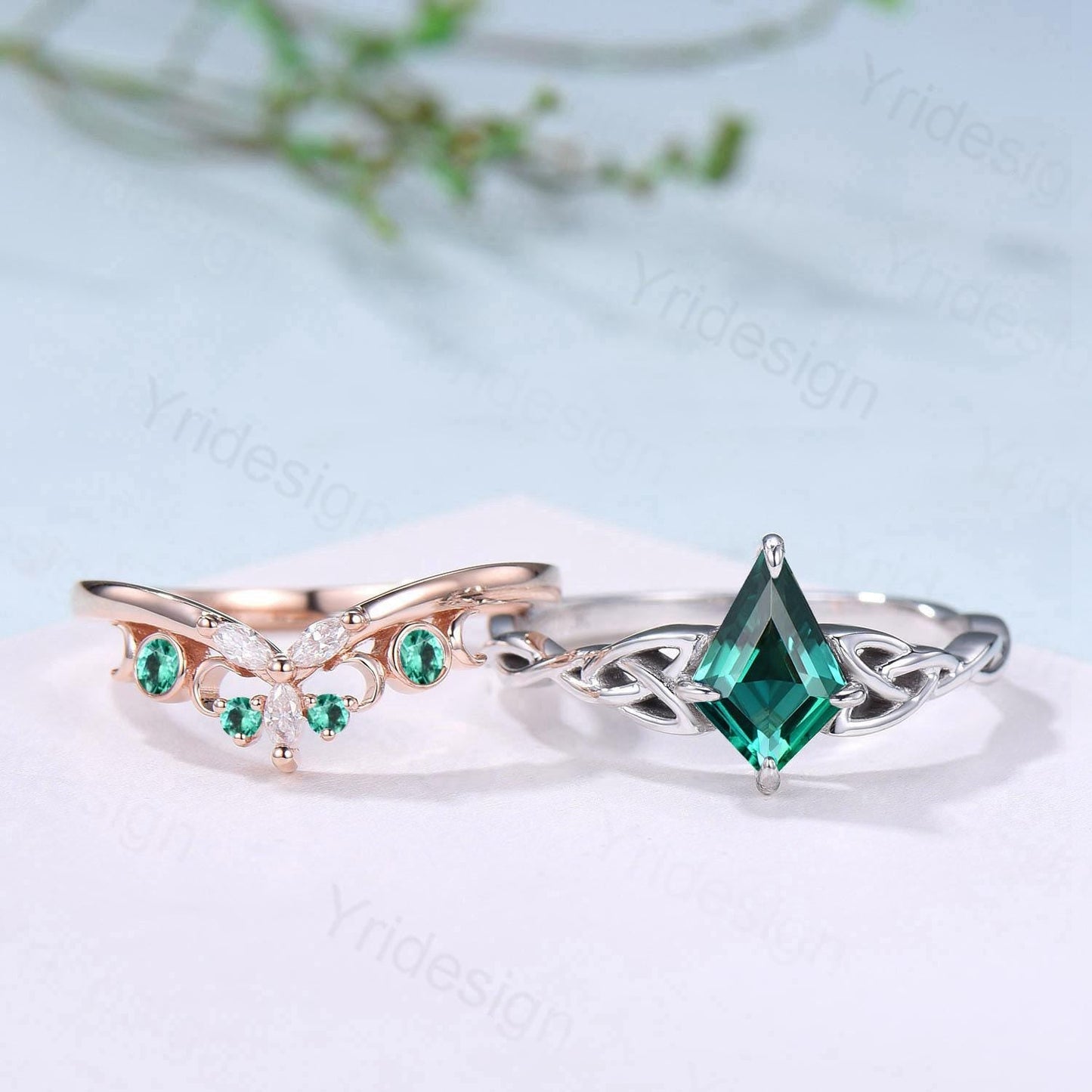 Norse Viking Kite Cut Emerald Engagement Ring Set Unique Celtic Love Knot May Birthstone Butterfly Wedding Ring Set Vintage Twist Bridal Set