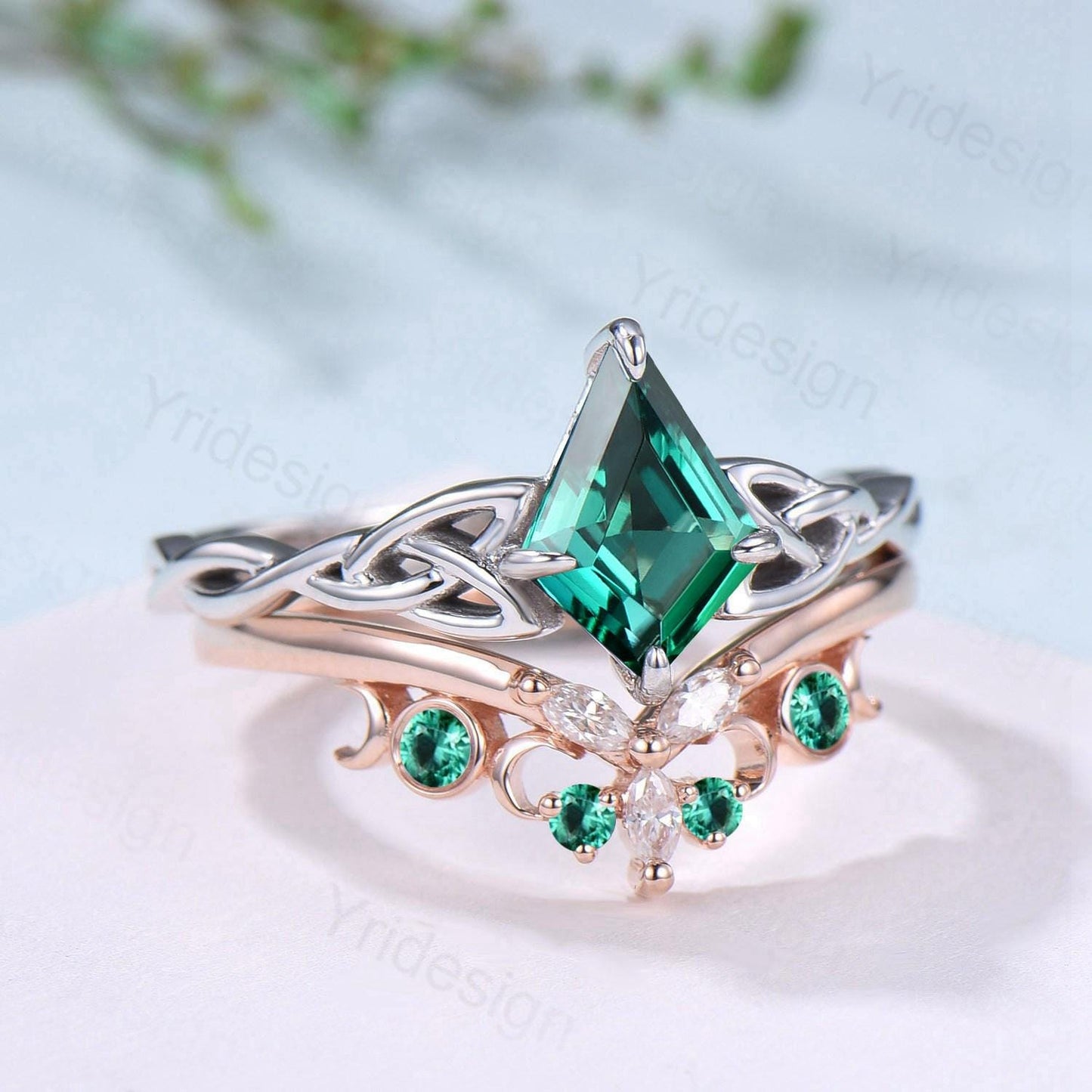 Norse Viking Kite Cut Emerald Engagement Ring Set Unique Celtic Love Knot May Birthstone Butterfly Wedding Ring Set Vintage Twist Bridal Set