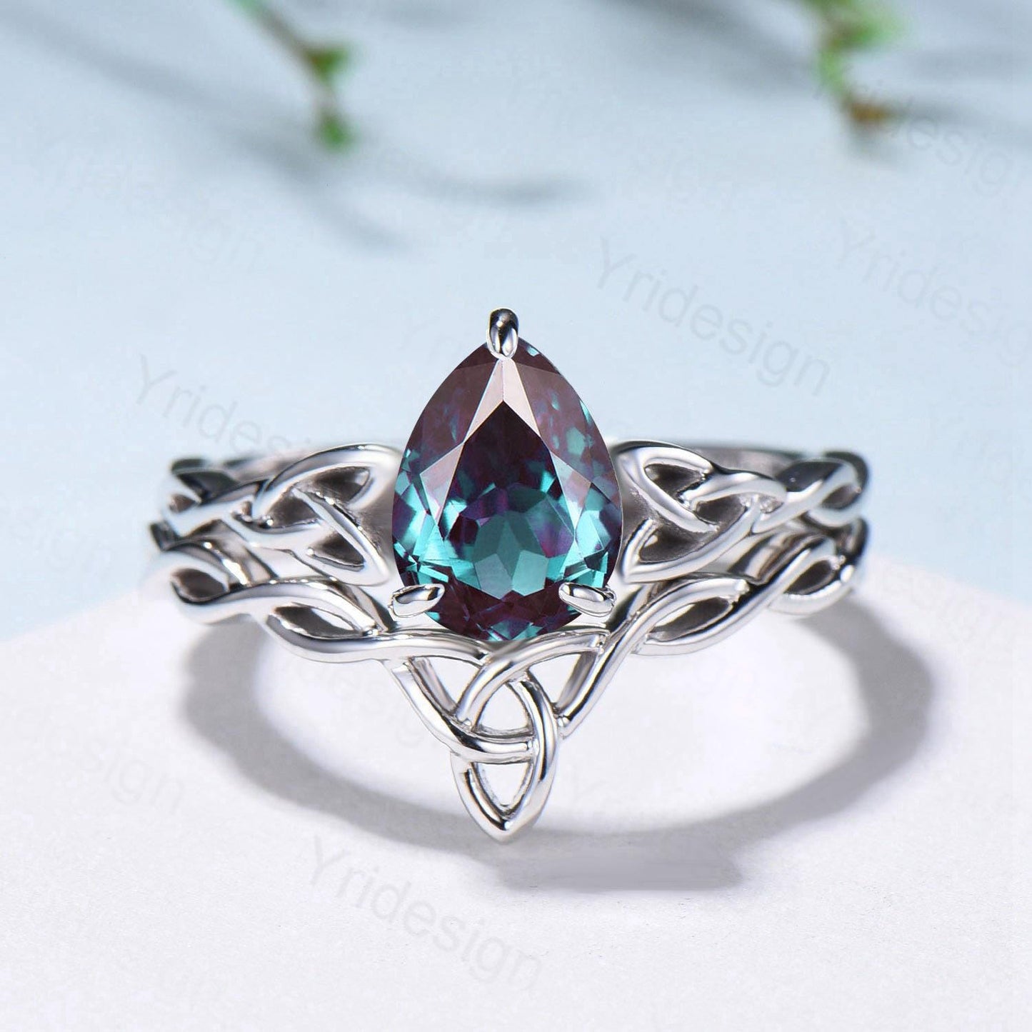 Norse Viking Alexandrite Wedding Ring Set Celtic Knot Lab Alexandrite Engagement Ring June Birthstone Jewelry Unique 2Pcs Twisted Bridal Set