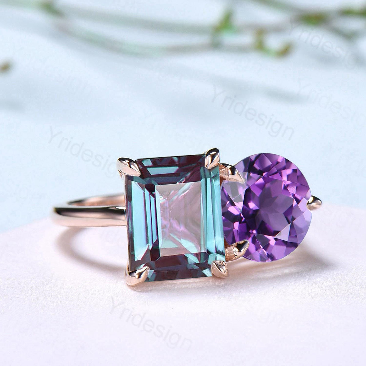 Minimalist Two stone emerald cut alexandrite engagement ring 14k rose gold round Amethyst wedding ring Plain Band anniversary bridal gifts