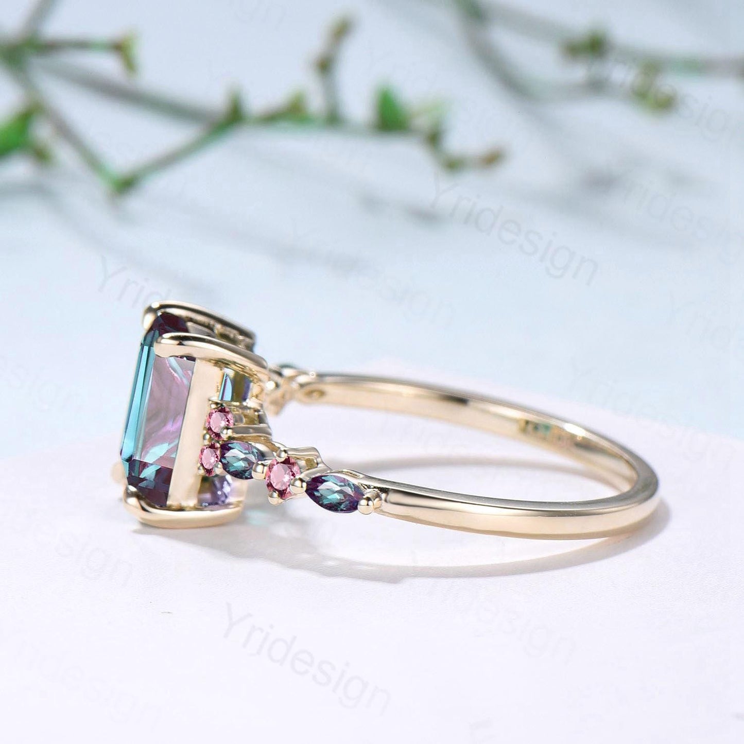 Elegant Emerald Cut Alexandrite Engagement Ring Yellow Gold Unique Pink Tourmaline Color Change Wedding Ring Promise Anniversary Gifts Women