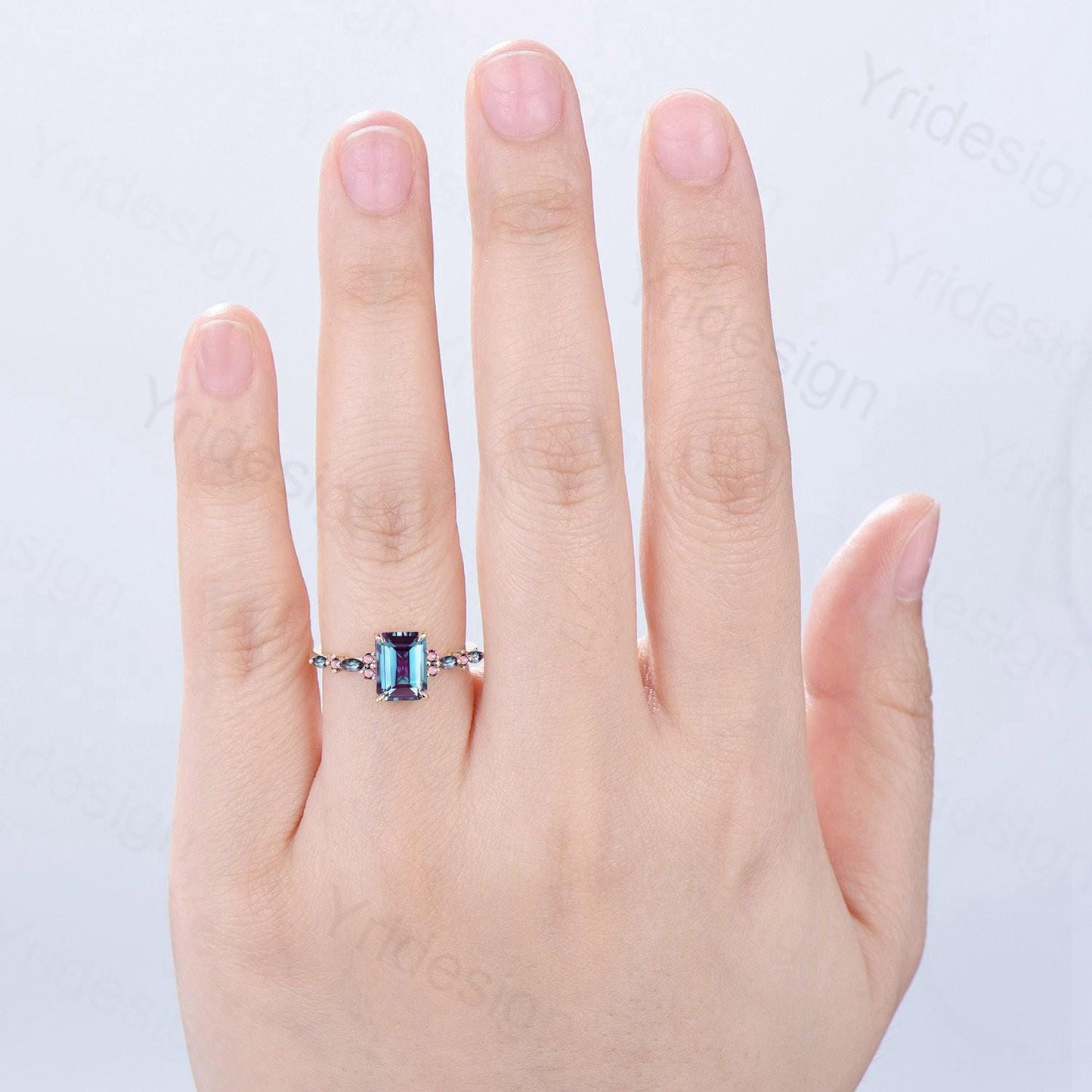 Elegant Emerald Cut Alexandrite Engagement Ring Yellow Gold Unique Pink Tourmaline Color Change Wedding Ring Promise Anniversary Gifts Women