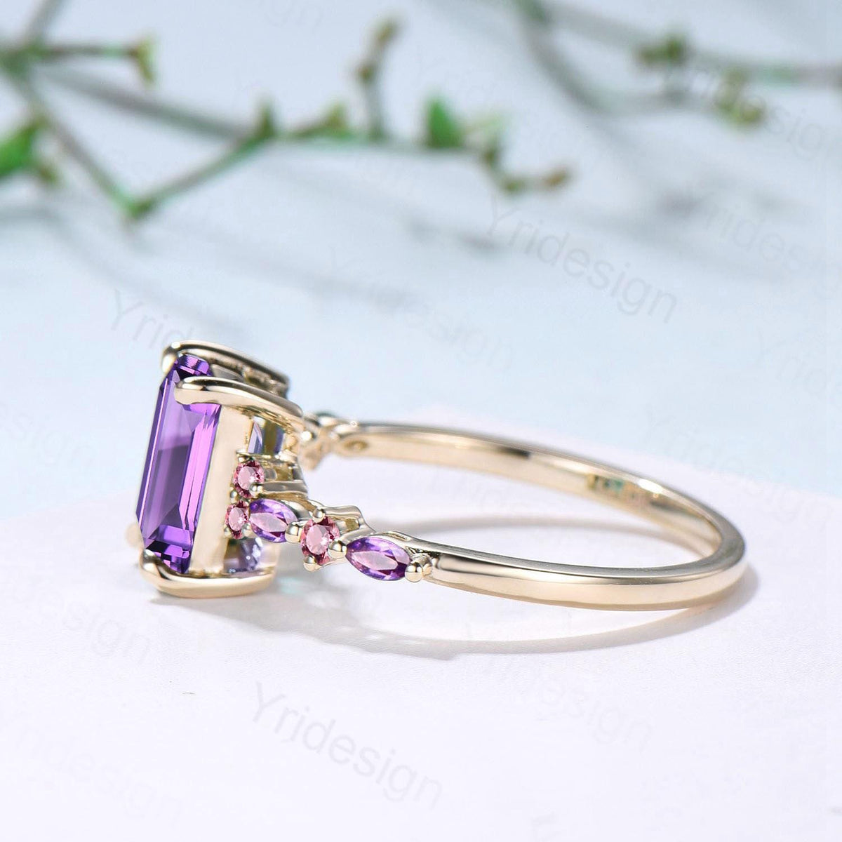 Unique Emerald Cut Amethyst Ring Marquise Purple Crystal Vintage Engagement Ring February Birthstone Handmade Bat Proposal Gifts for Women