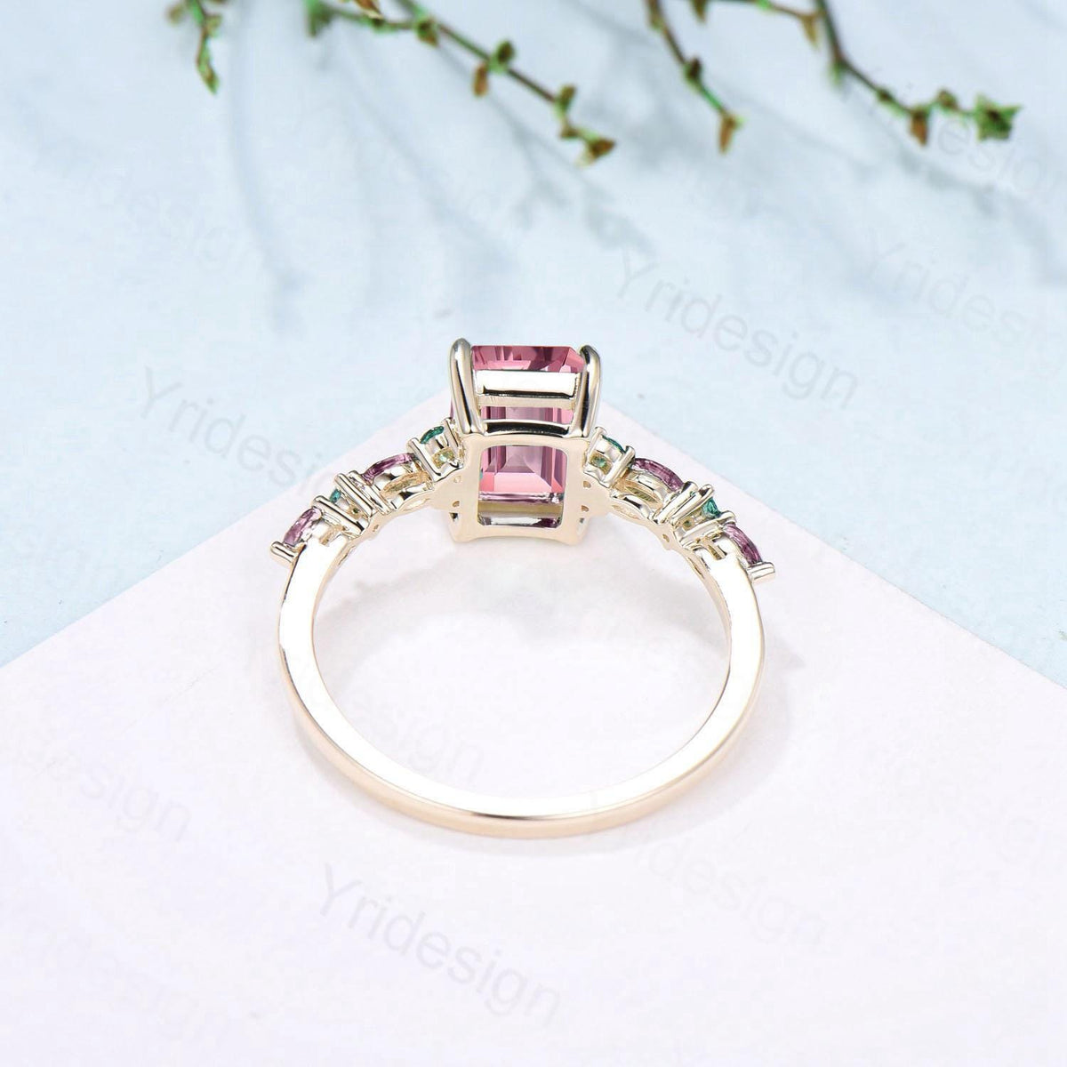 Vintage Padparadscha sapphire Engagement Ring Yellow Gold Pink Tourmaline and Emerald Wedding Band Pink Crystal Anniversary Ring For Women