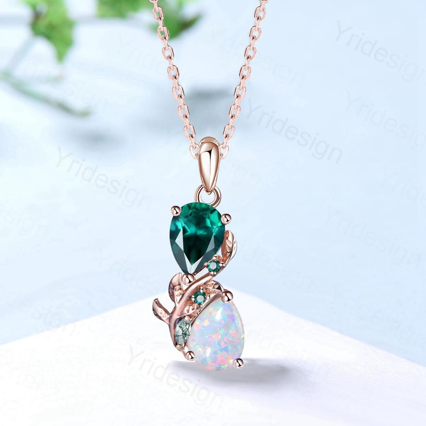 Nature Inspired Opal Emerald Pendant Necklace Women Unique Alternative Moss Agate Necklace Branch Snake pear shaped leaf pendant mom's gift